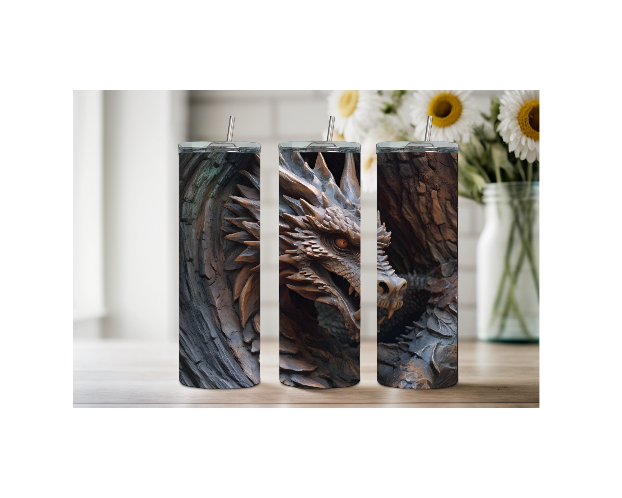 Dragon scales stainless tumbler collection featuring dramatic dragon artwork in a stylish setting.