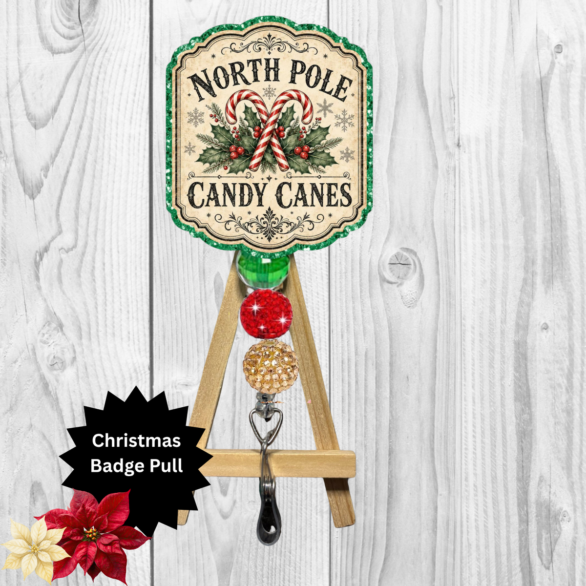 North Pole Candy Canes Glitter Badge Pull | Badge Reel TheCraftNook