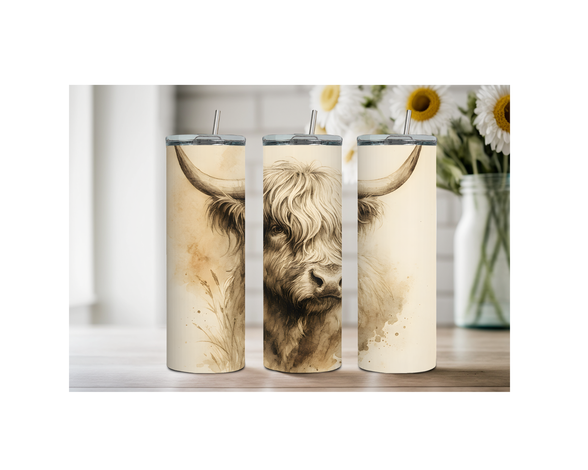 Highland cow stainless steel tumbler set featuring cute farm design and whimsical artwork on a rustic background.