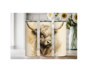 Highland cow stainless steel tumbler set featuring cute farm design and whimsical artwork on a rustic background.