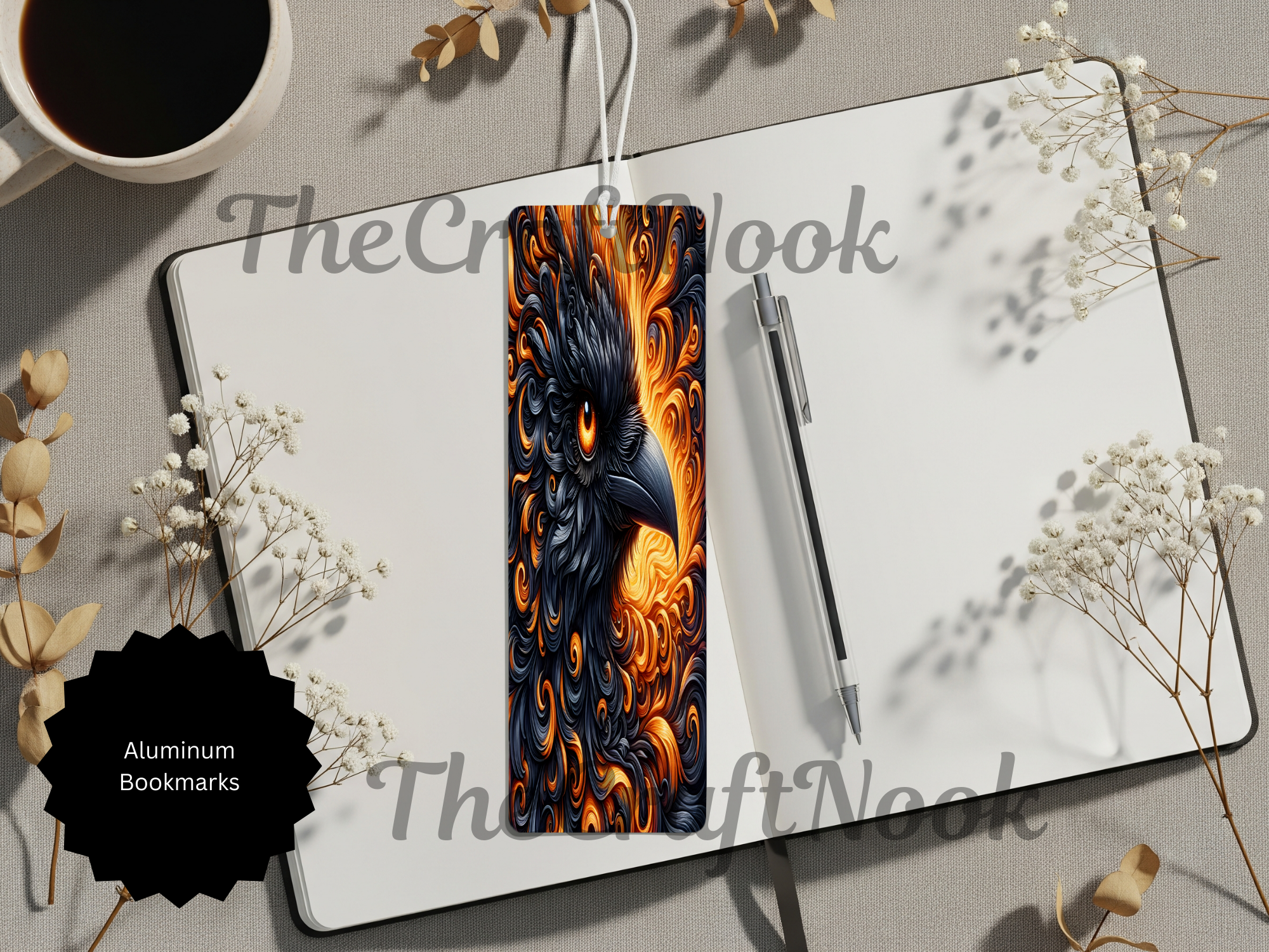 Handcrafted phoenix bookmarks displayed on a notebook with a pen, showcasing vibrant fire bird design and aluminum construction.