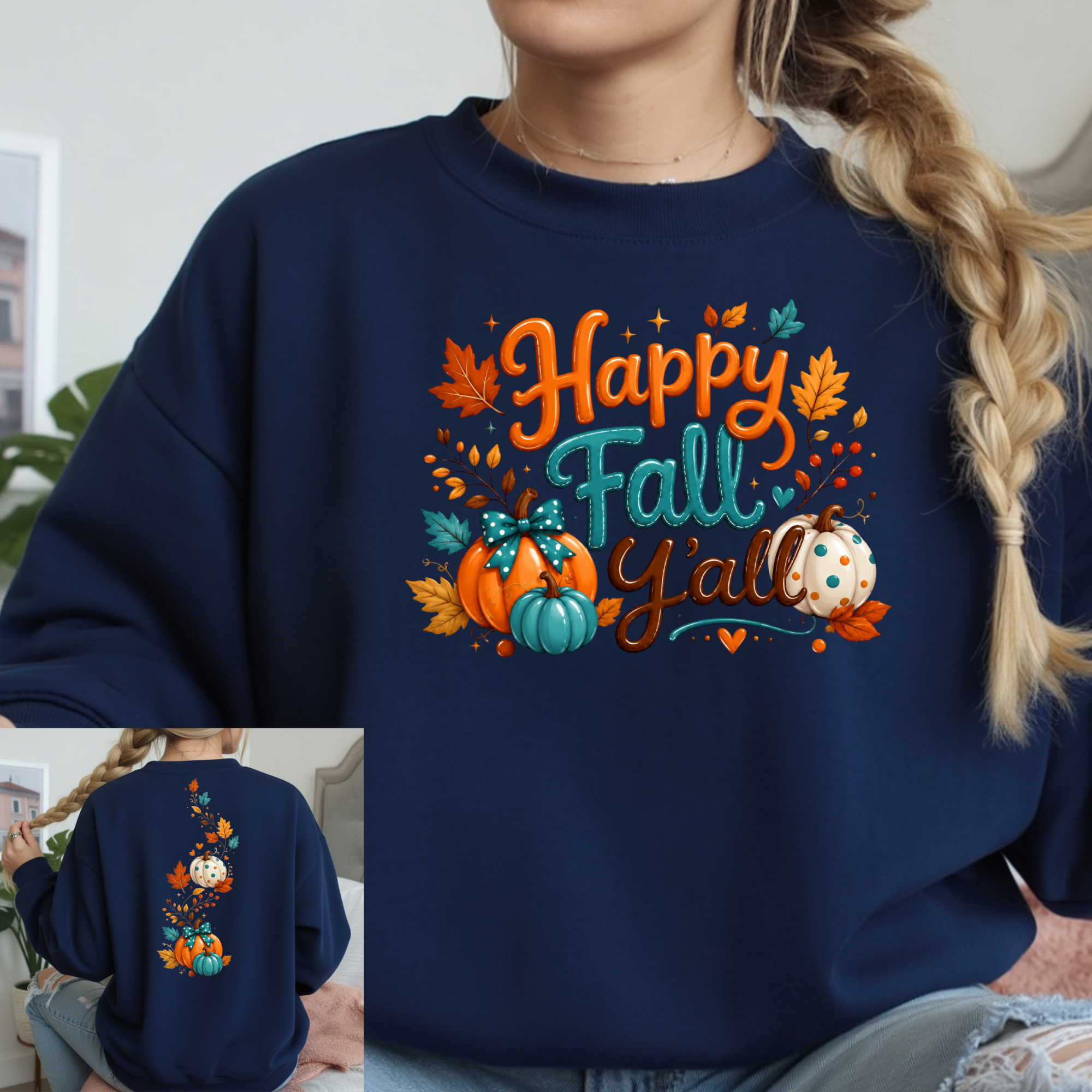Happy Fall Long Sleeve Tee featuring autumn graphics on front and back worn by model.