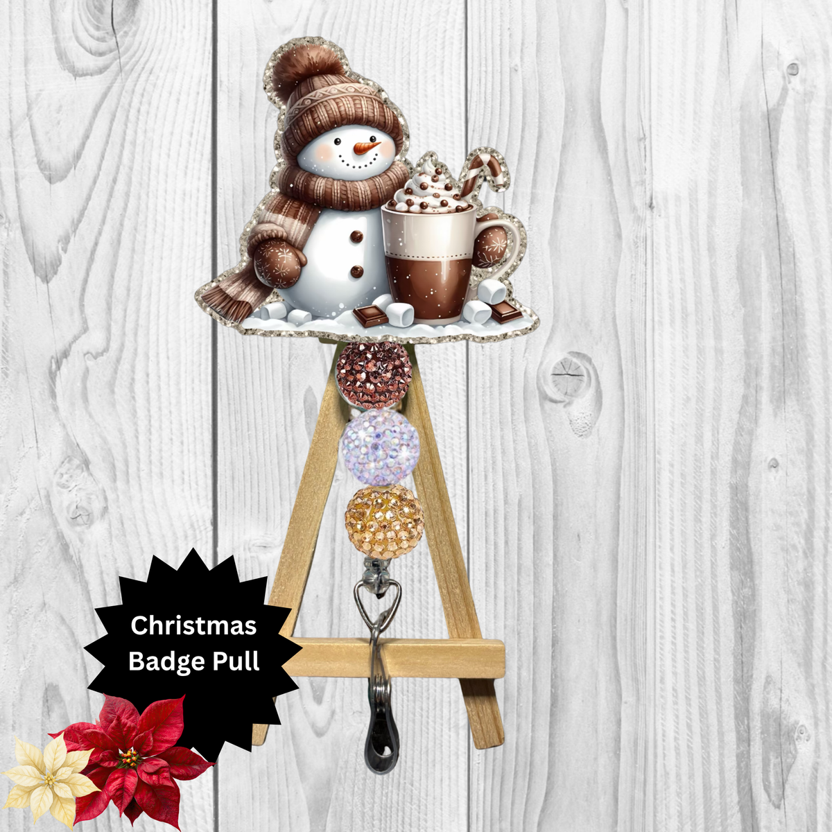 Hot Chocolate Snowman Glitter Badge Pull | Badge Reel Accessory TheCraftNook