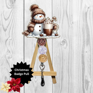 Hot Chocolate Snowman Glitter Badge Pull | Badge Reel Accessory TheCraftNook