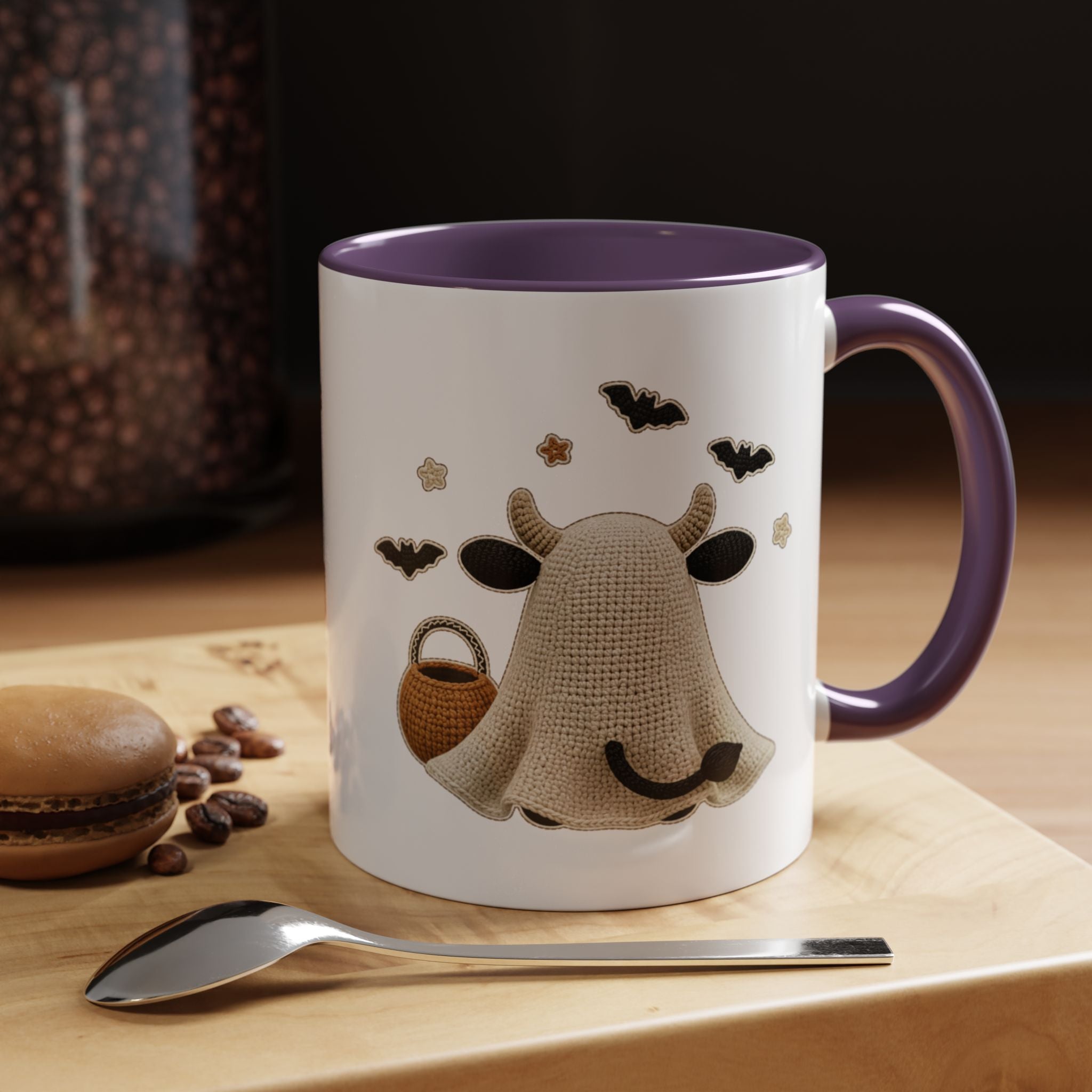 Bullsheet Faux Crochet Accent Coffee Mug — Cute Ghost Cow Trick-or-Treat Design (11oz)