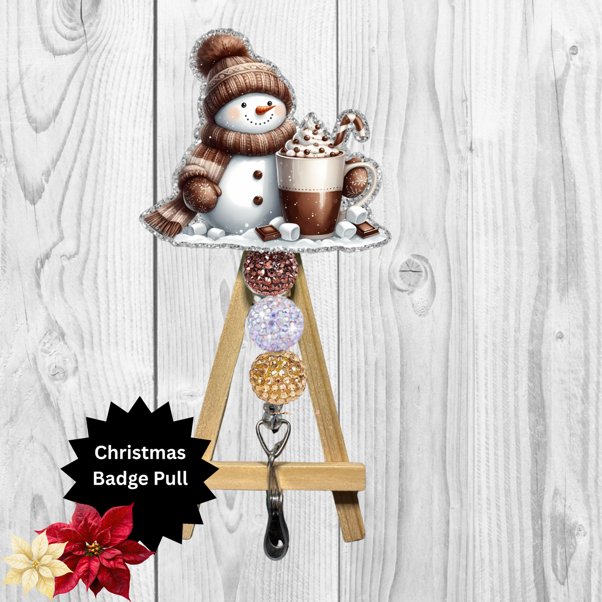 Hot Chocolate Snowman Glitter Badge Pull | Badge Reel Accessory TheCraftNook