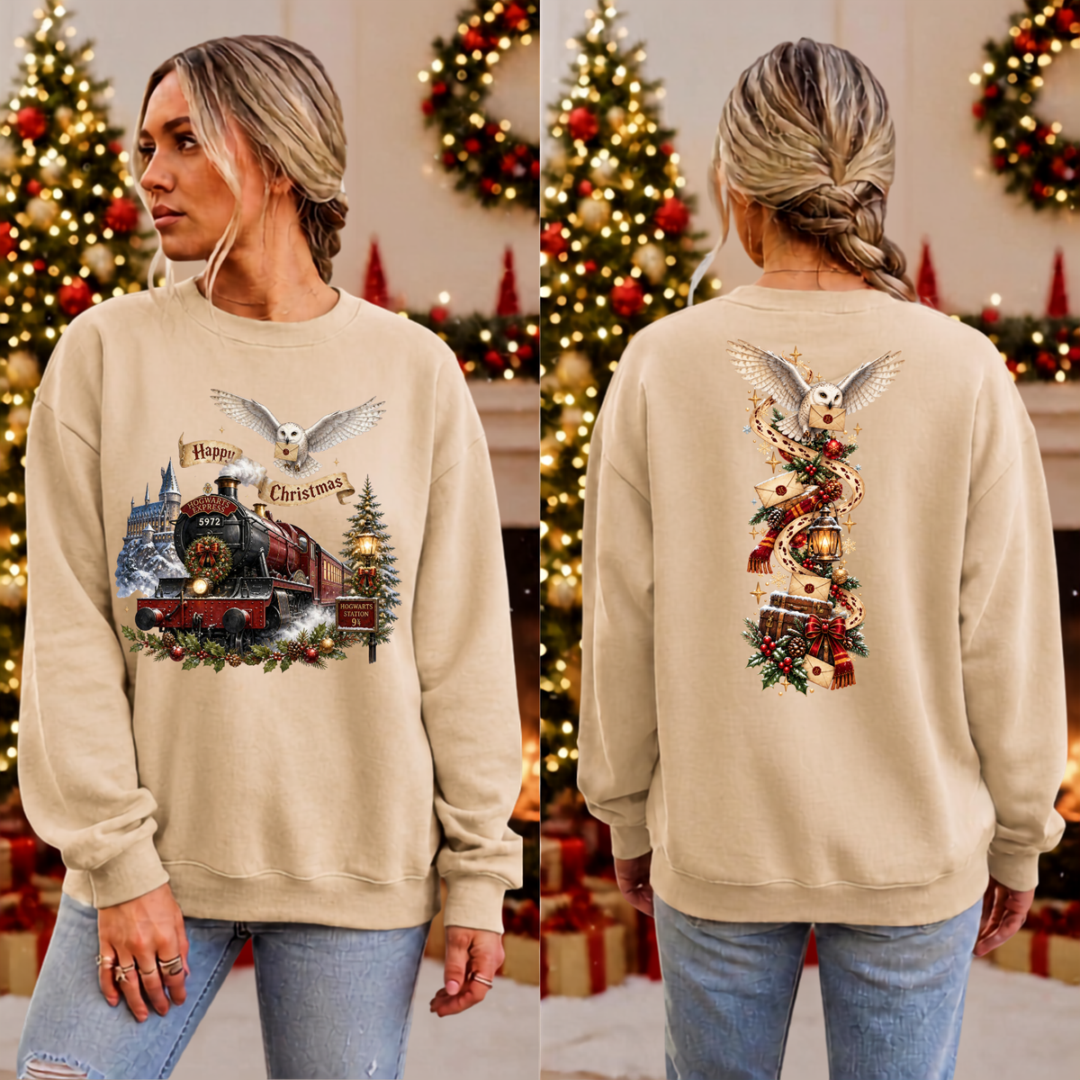 Happy Christmas Express Sweatshirt Front and Back graphcs TheCraftNook