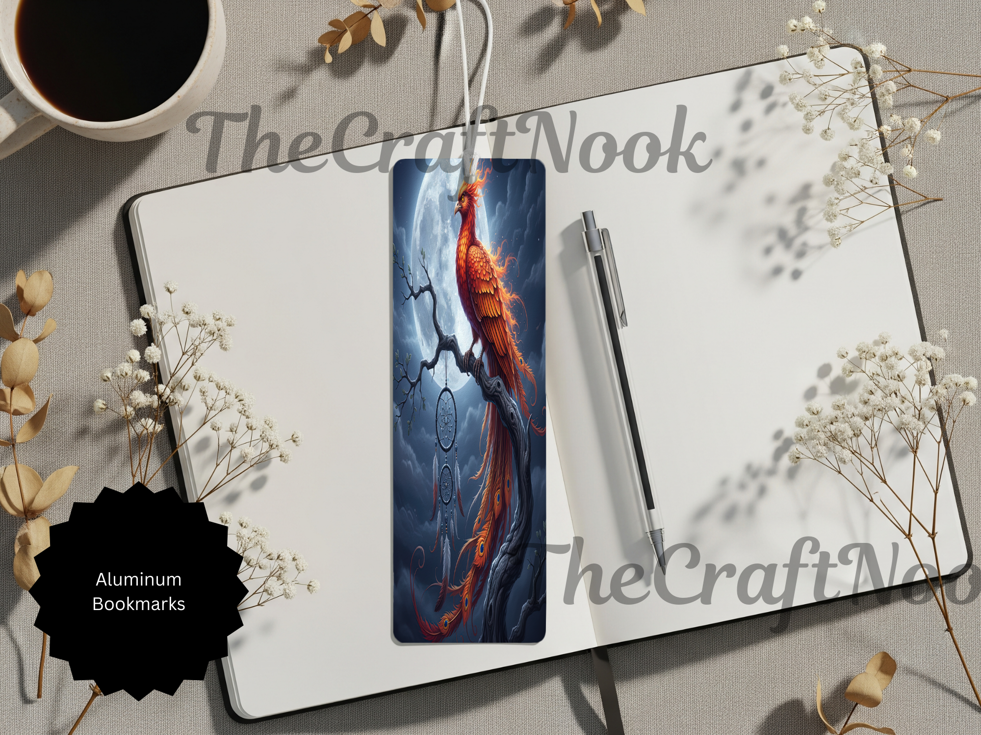 Handcrafted phoenix bookmarks on a notebook with a cup of coffee, showcasing a stunning aluminum design.