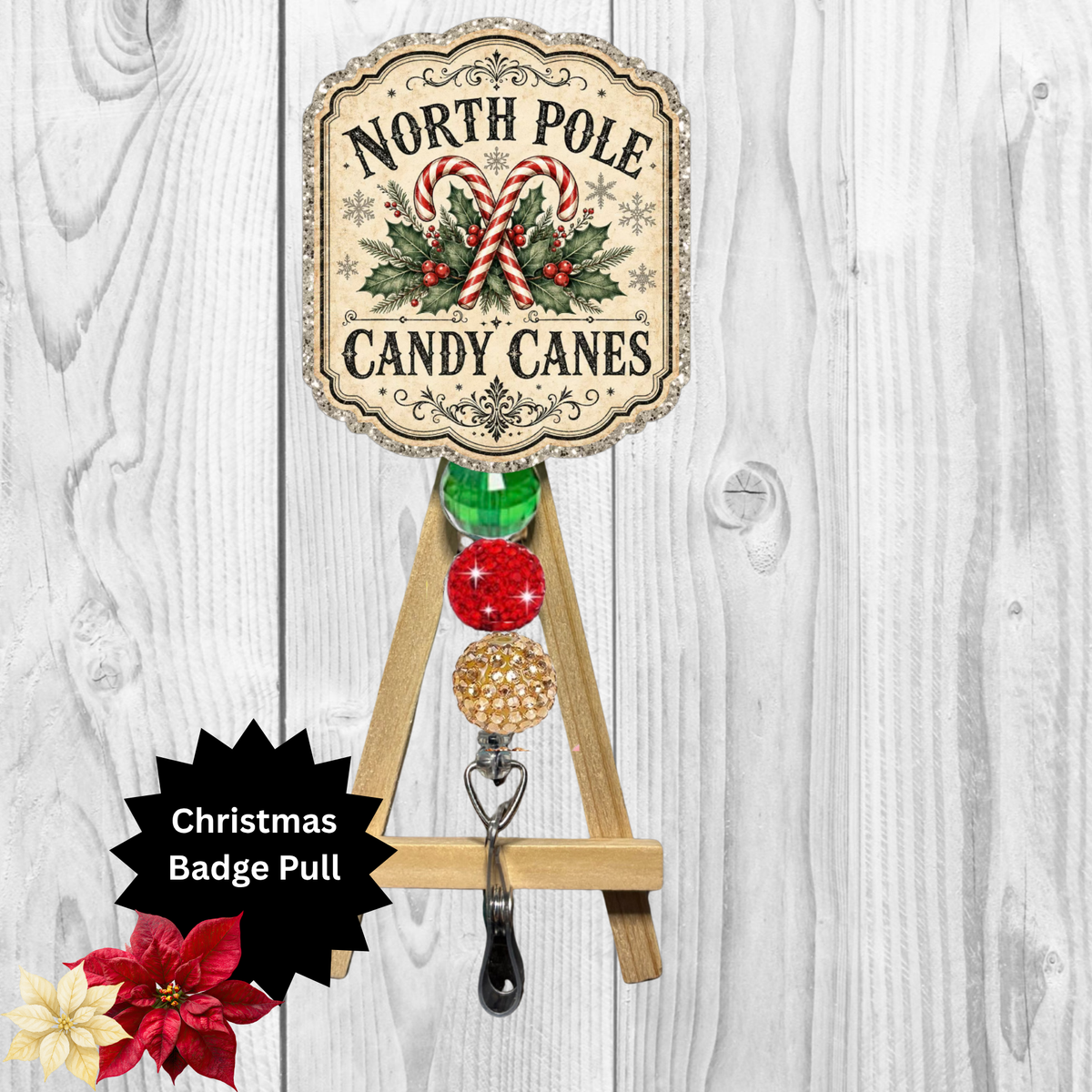 North Pole Candy Canes Glitter Badge Pull | Badge Reel TheCraftNook