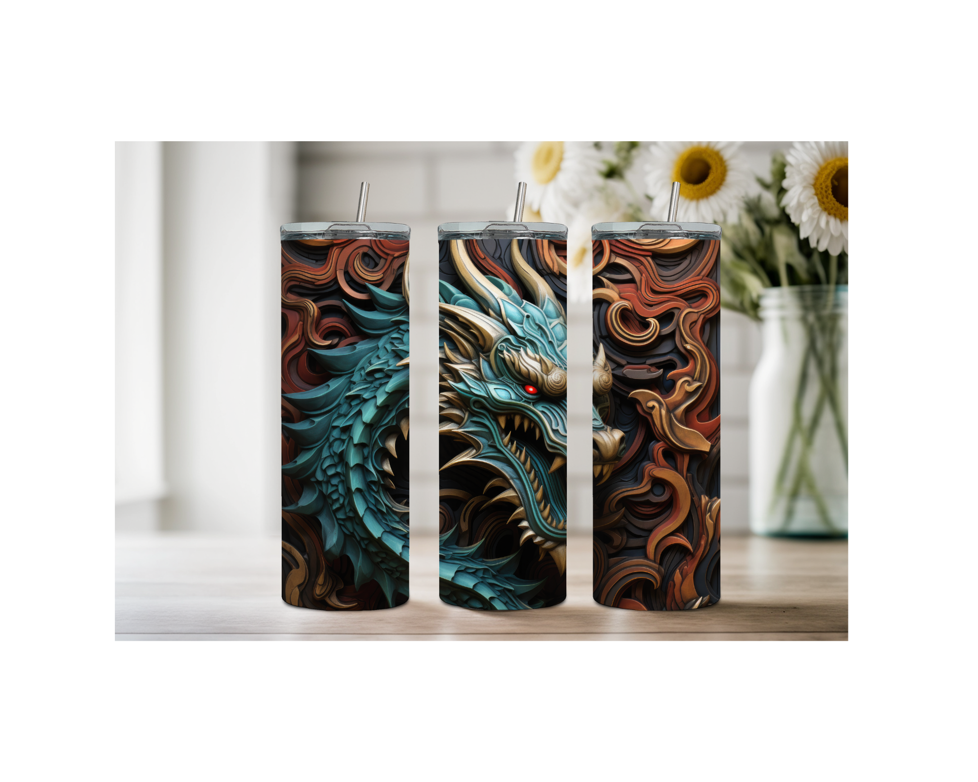 dragon scales stainless tumbler collection featuring vibrant dragon artwork on three stylish tumblers