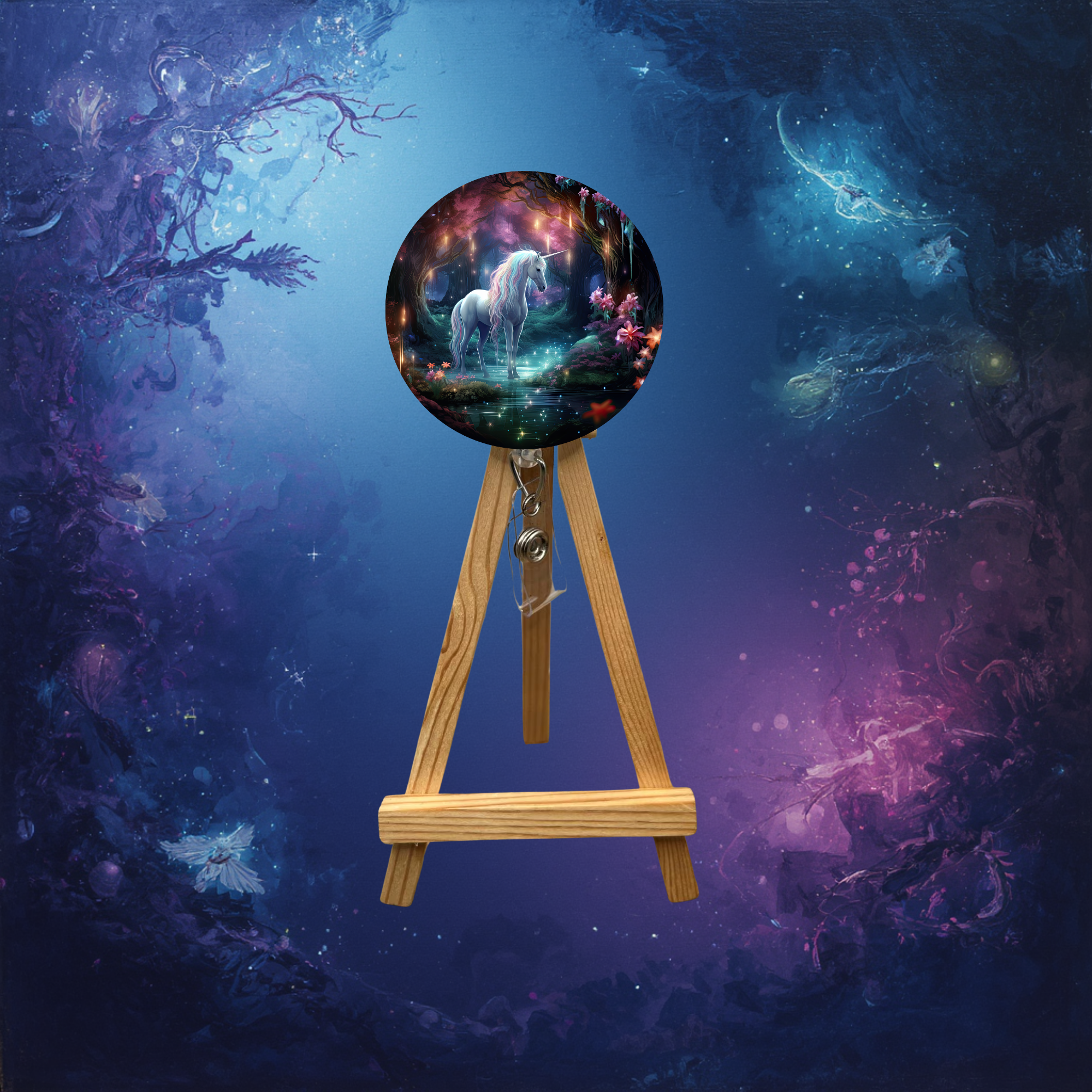 Unicorn badge pulls with glitter on wooden display easel, surrounded by vibrant cosmic background.