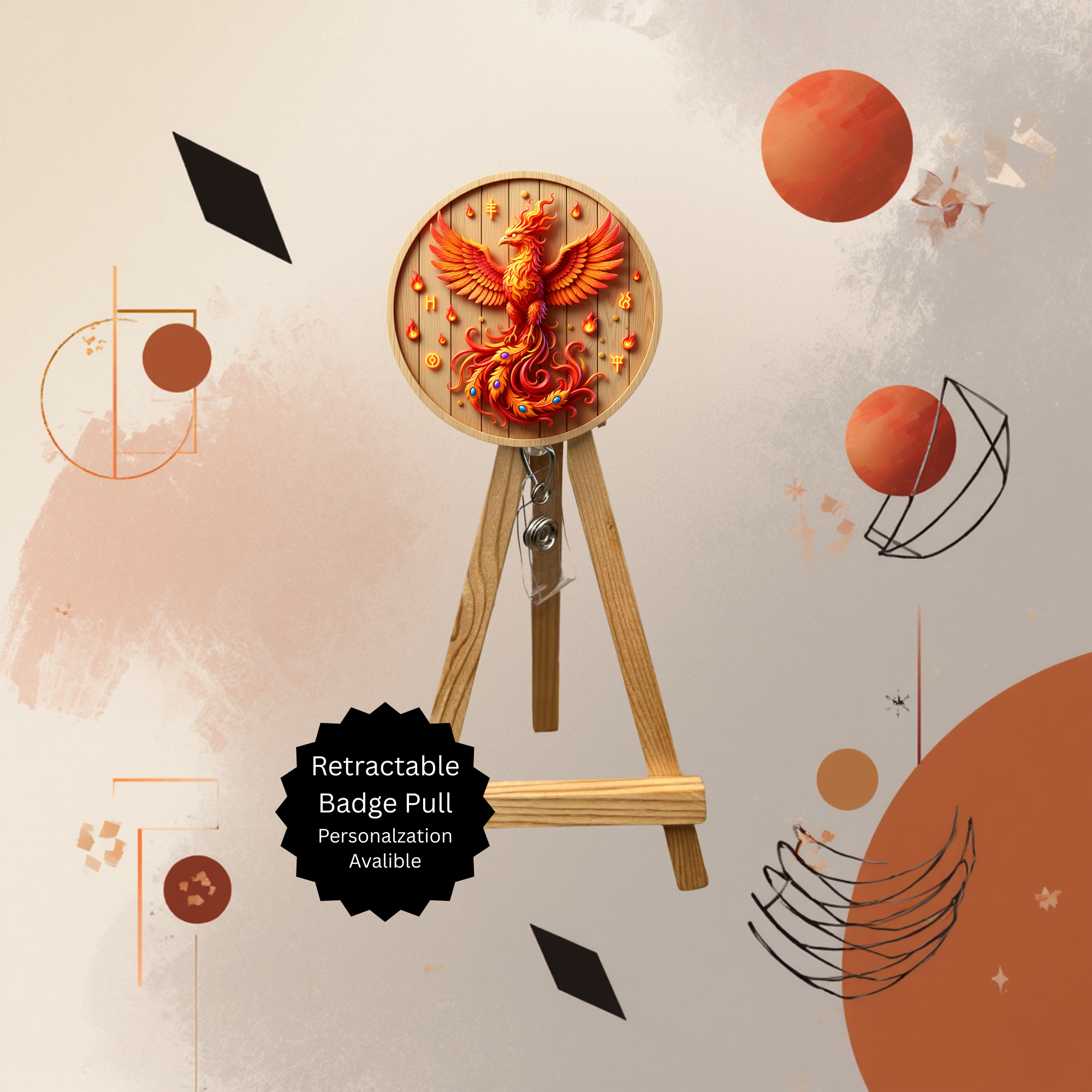 Phoenix badge pulls with beads and glitter on display, featuring a vibrant fire bird design and retractable badge holder.