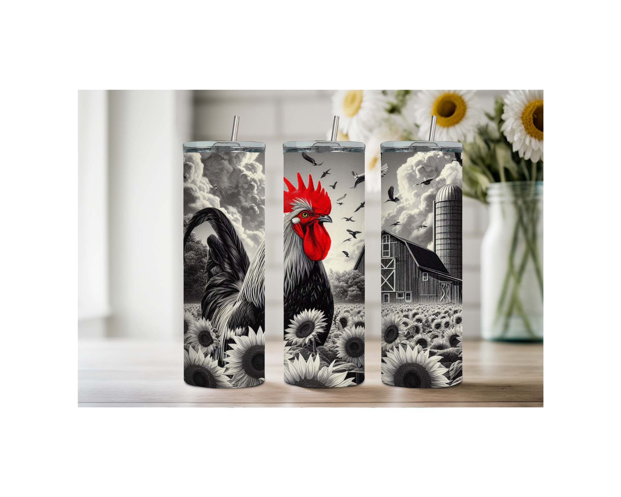 Set of three 20 oz chicken stainless steel tumblers featuring vibrant rooster designs and rustic farmhouse scenery.