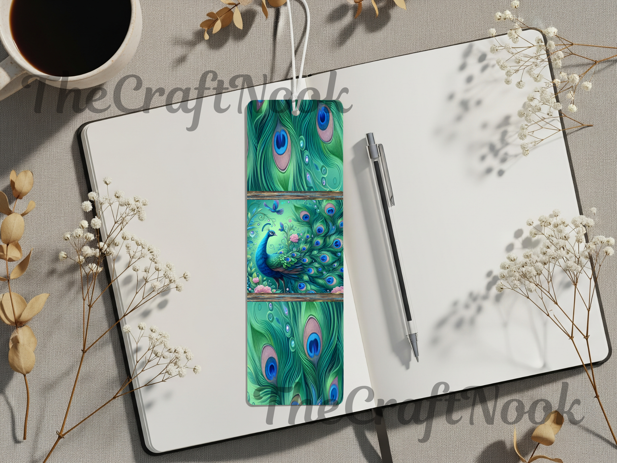 Aluminum peacock bookmarks featuring vibrant peacock designs on a notebook, coffee cup and decorative flowers.