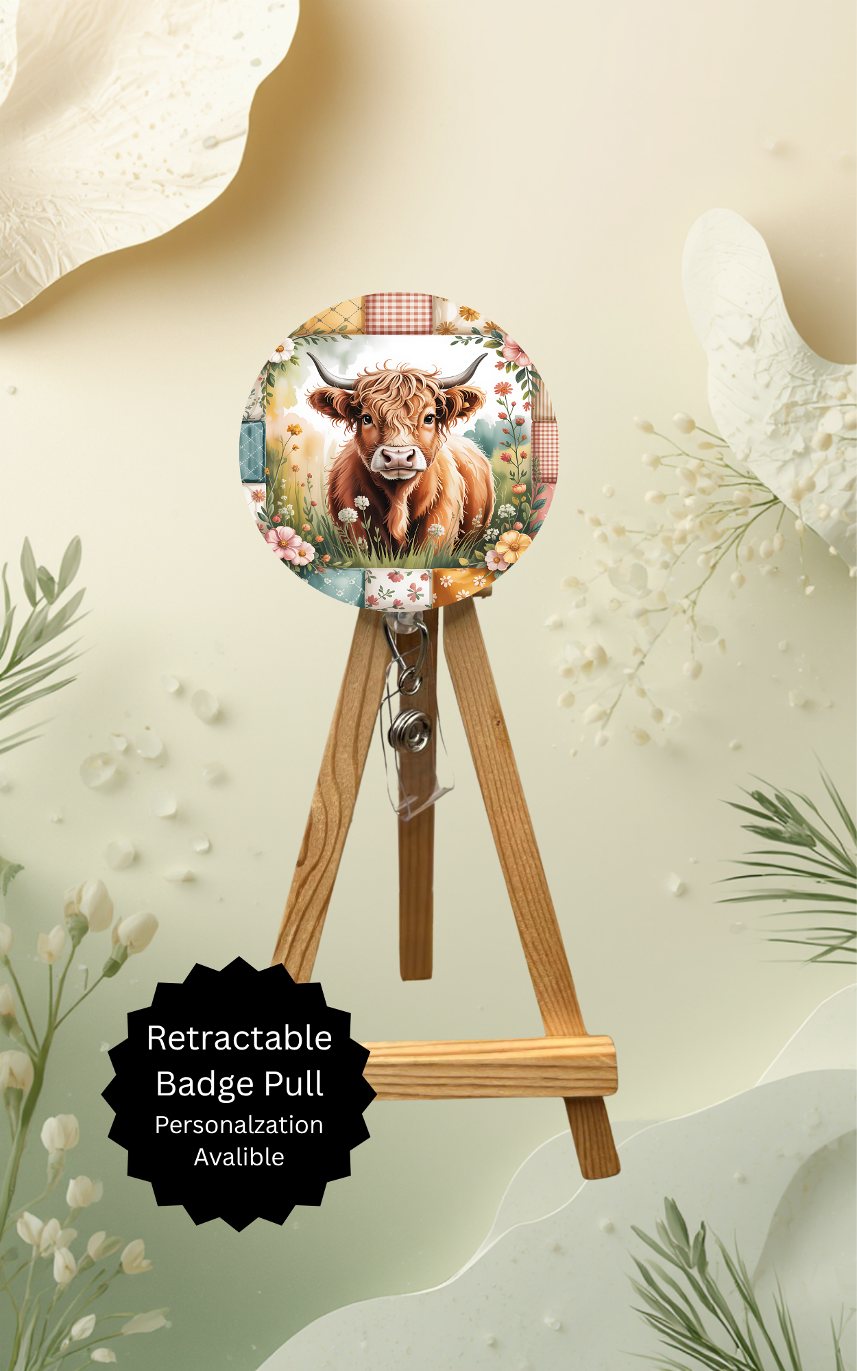 Highland Cow badge pulls. Brighten your shift, one cow at a time. Multiple Images available. Add beads or shimmer glitter options.
