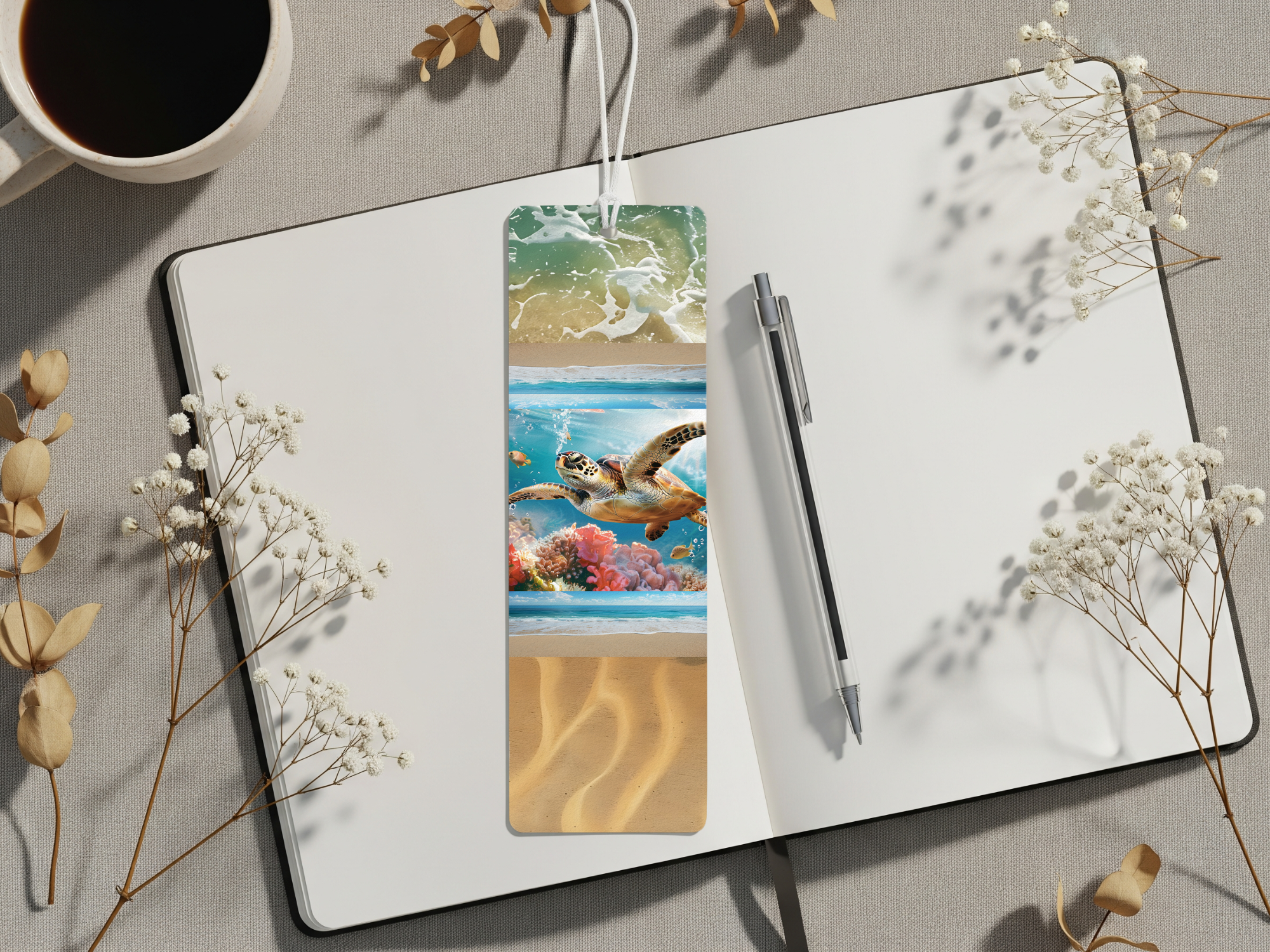 Sea turtle aluminum bookmarks showcasing ocean designs on a notebook with coffee and flowers.