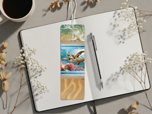 Sea turtle aluminum bookmarks showcasing ocean designs on a notebook with coffee and flowers.