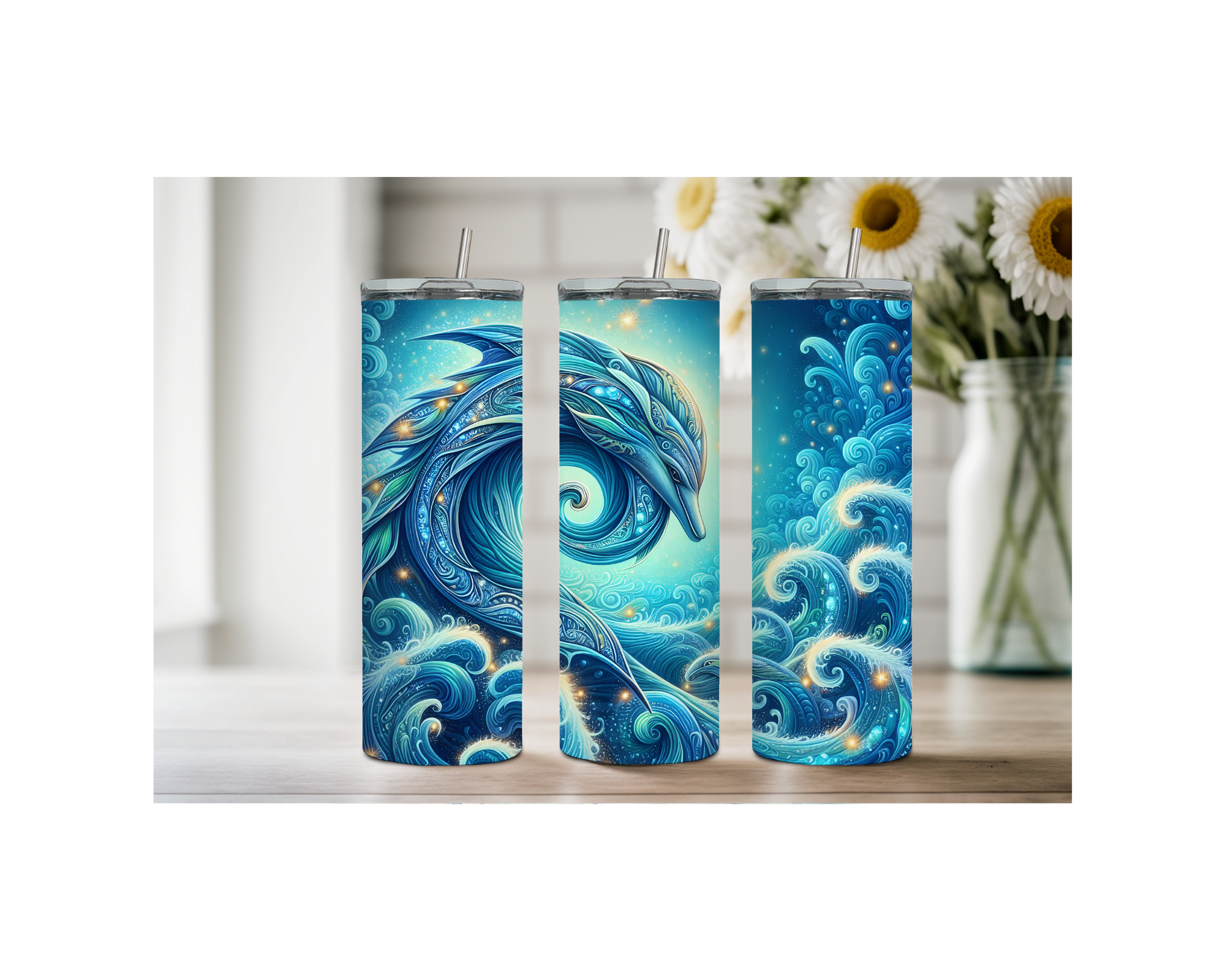 dolphin stainless steel tumbler with ocean waves design, ideal for beach lovers and sea-life enthusiasts