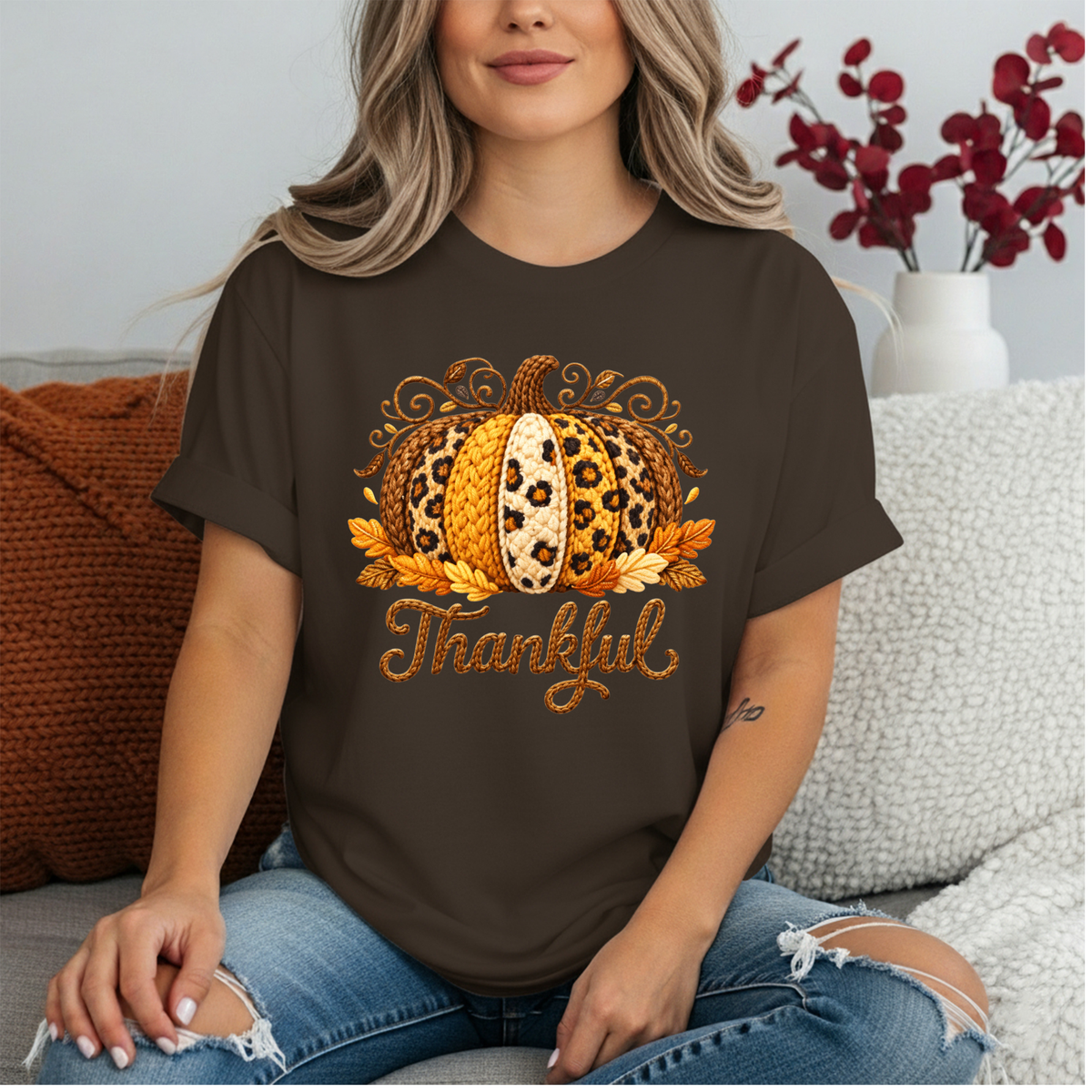 Thankful Faux Crochet Graphic T-Shirt TheCraftNook