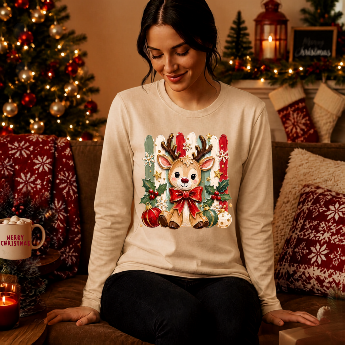 Holly Jolly reindeer Long Sleeve Tee TheCraftNook