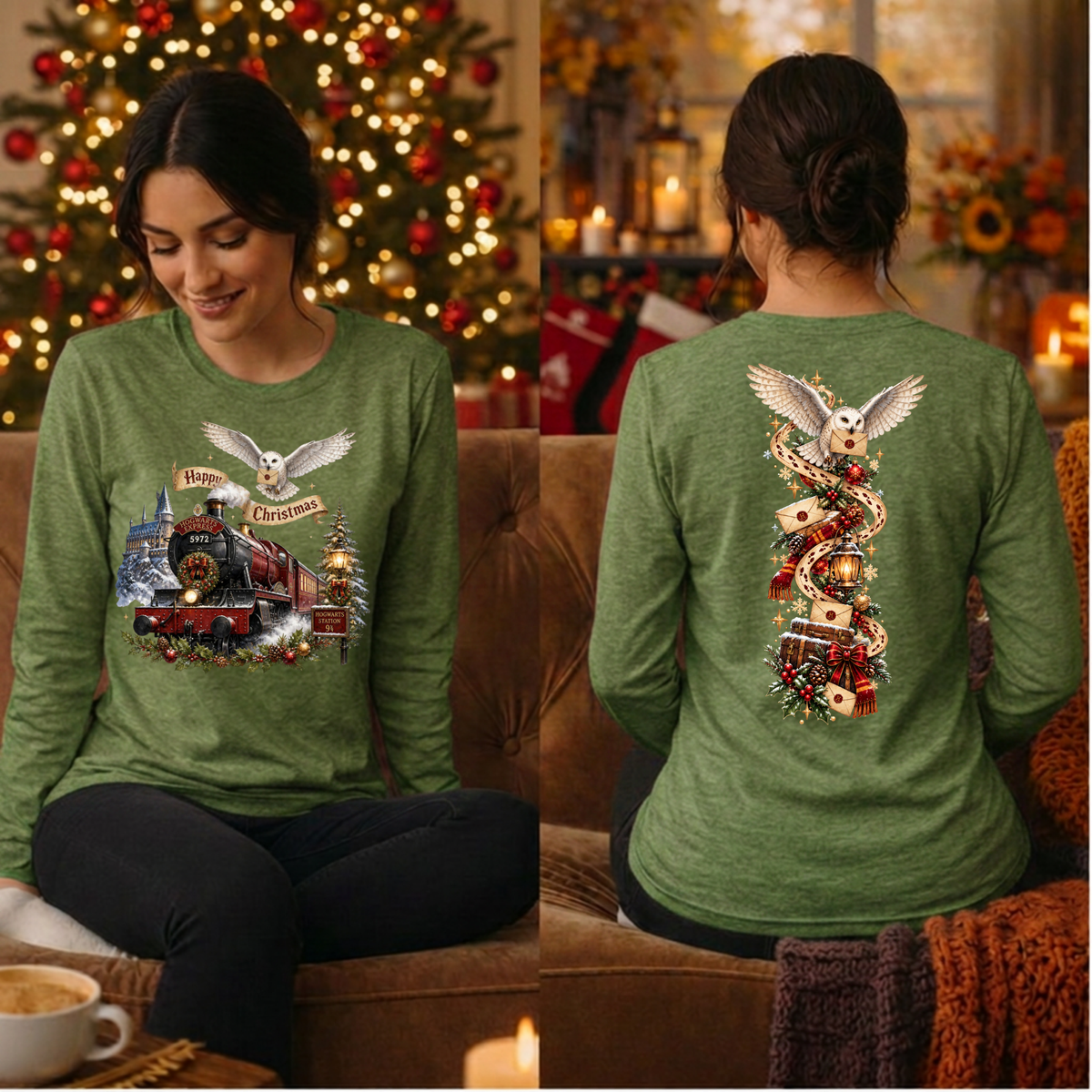 Happy Christmas Express Long Sleeve Tee Front and Back graphics TheCraftNook