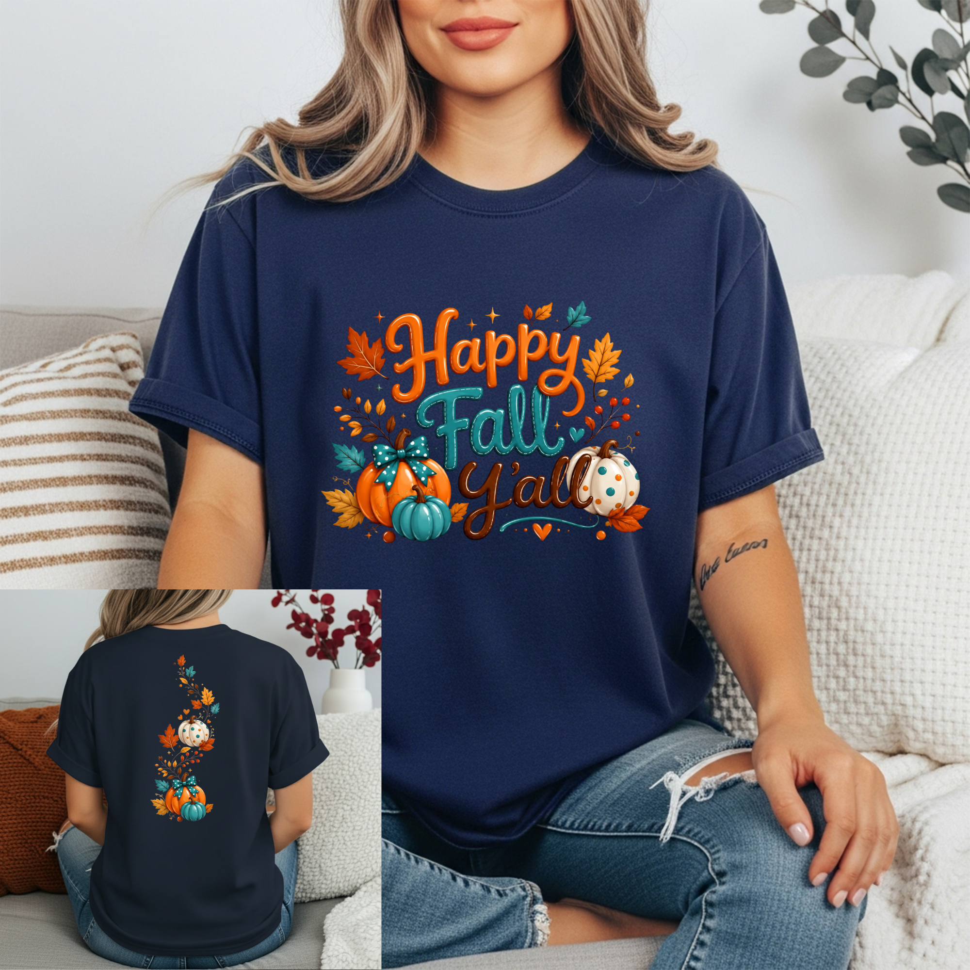 Happy Fall graphic t-shirt featuring autumn designs on front and back, showcasing vibrant fall colors and pumpkins.