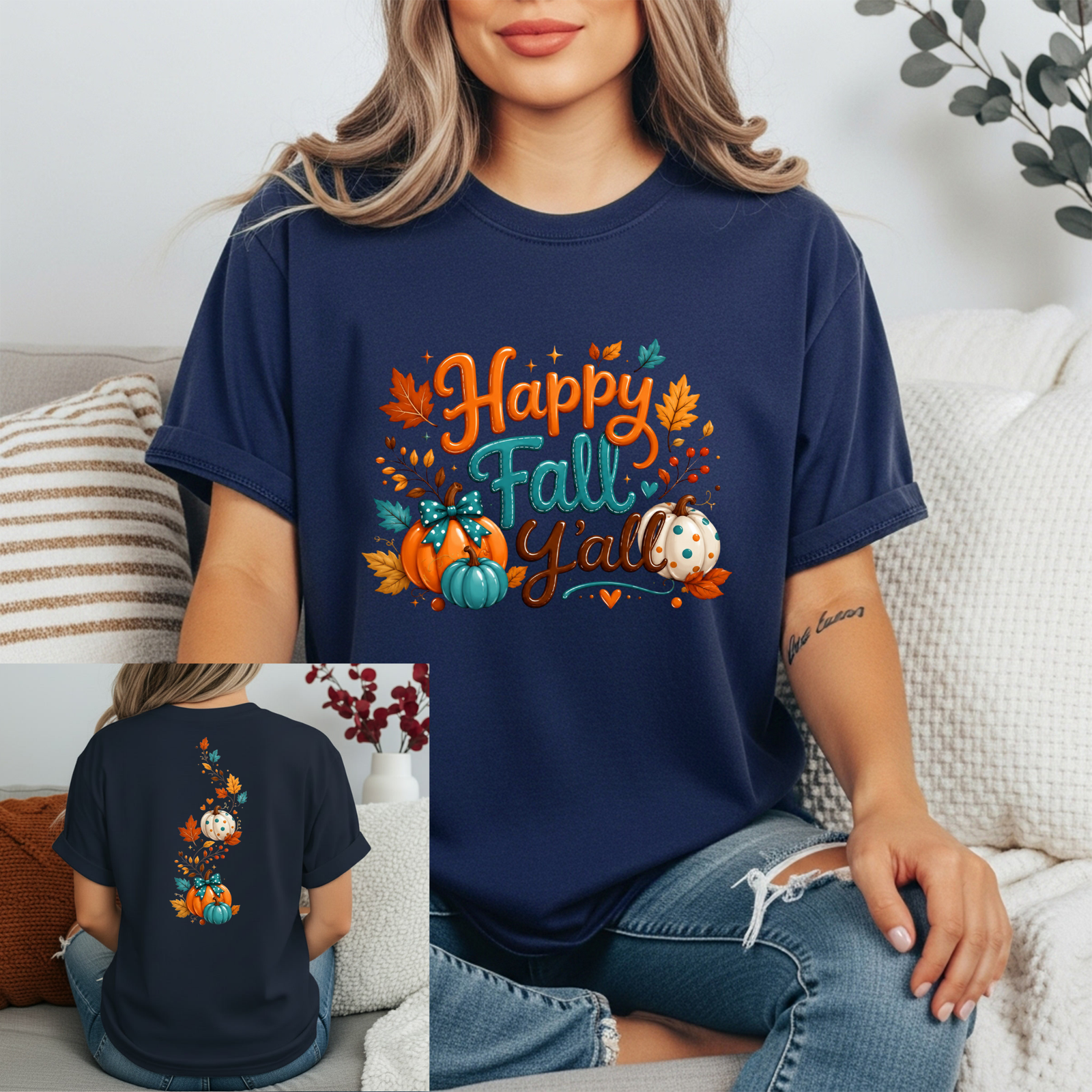 Happy Fall graphic t-shirt featuring autumn designs on front and back, showcasing vibrant fall colors and pumpkins.