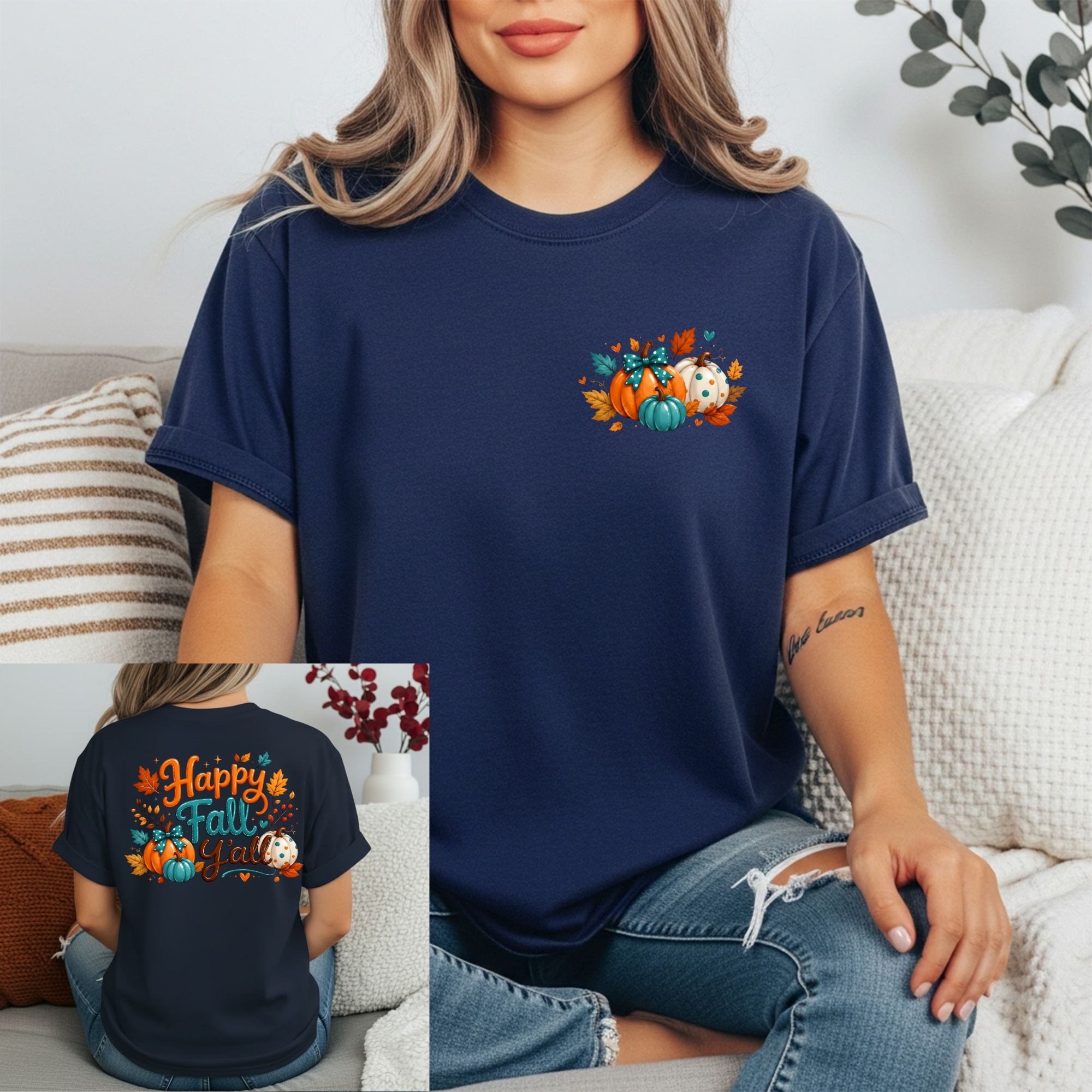 Happy Fall Tee featuring a fall graphic t-shirt with pocket and full back print on a model.