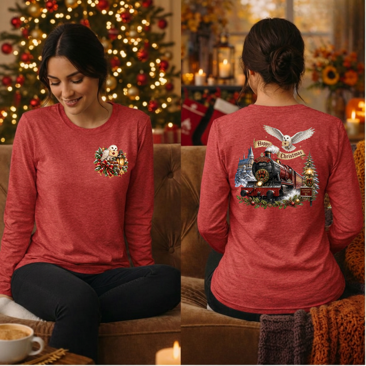 Happy Christmas Express Long Sleeve tee pocket and back Graphics TheCraftNook