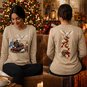 Happy Christmas Express Long Sleeve Tee Front and Back graphics TheCraftNook