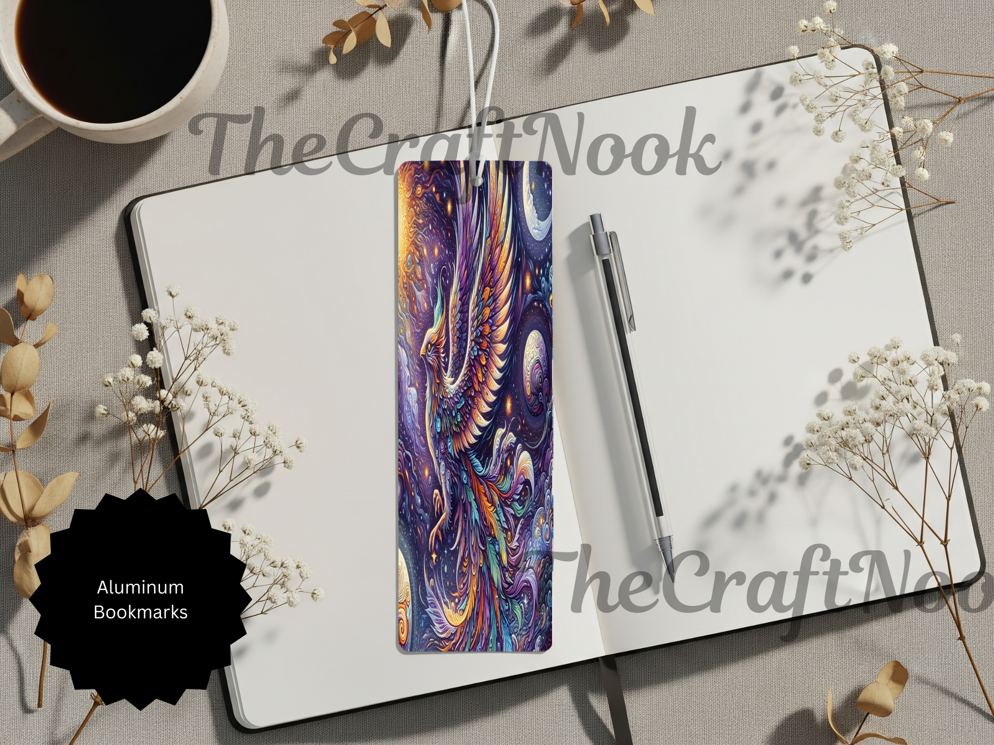 Handcrafted phoenix bookmarks with vibrant colors, resting on a notebook with a pen and flowers nearby.