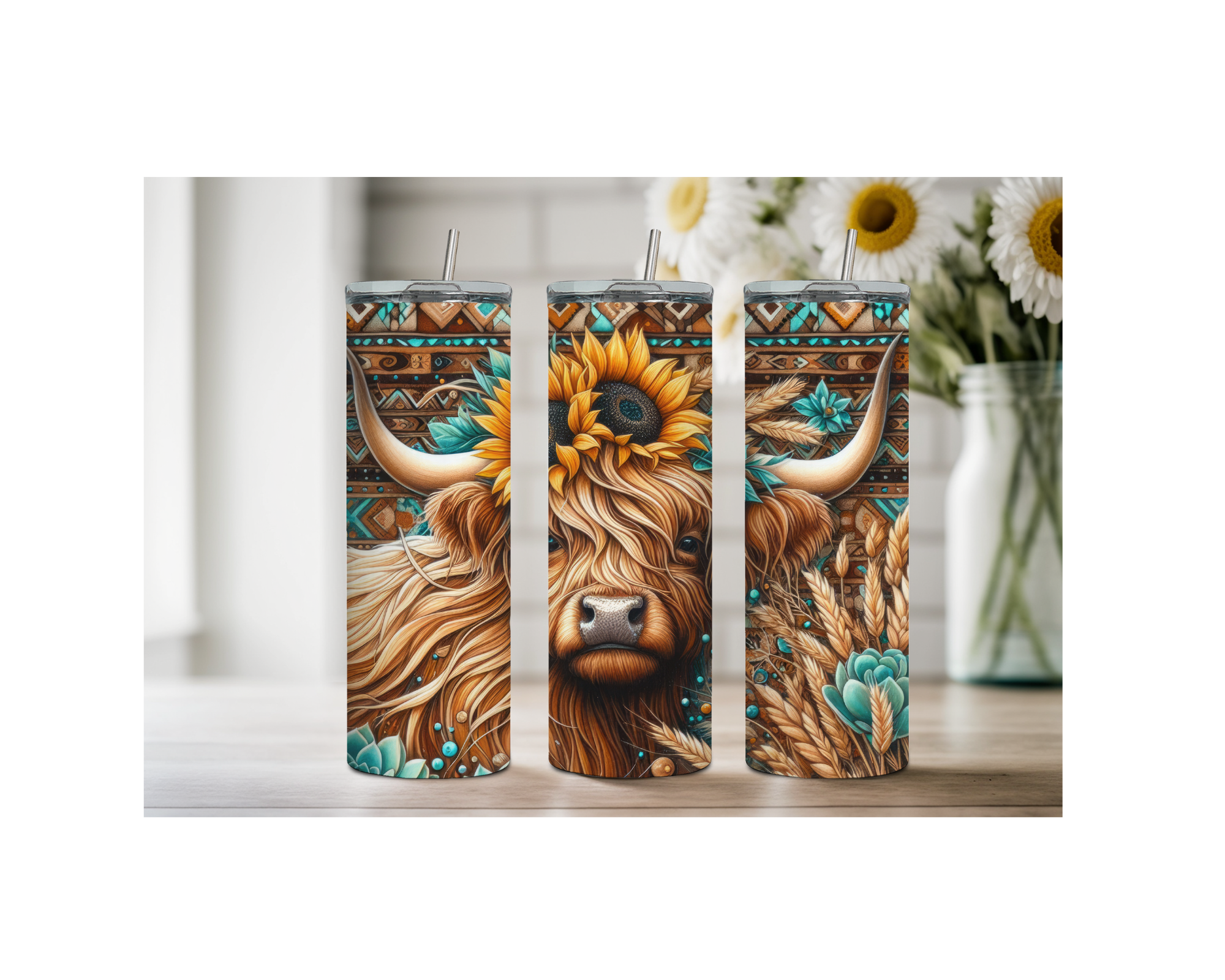 Highland cow stainless steel tumbler trio featuring detailed floral designs and rustic charm on a wooden table.