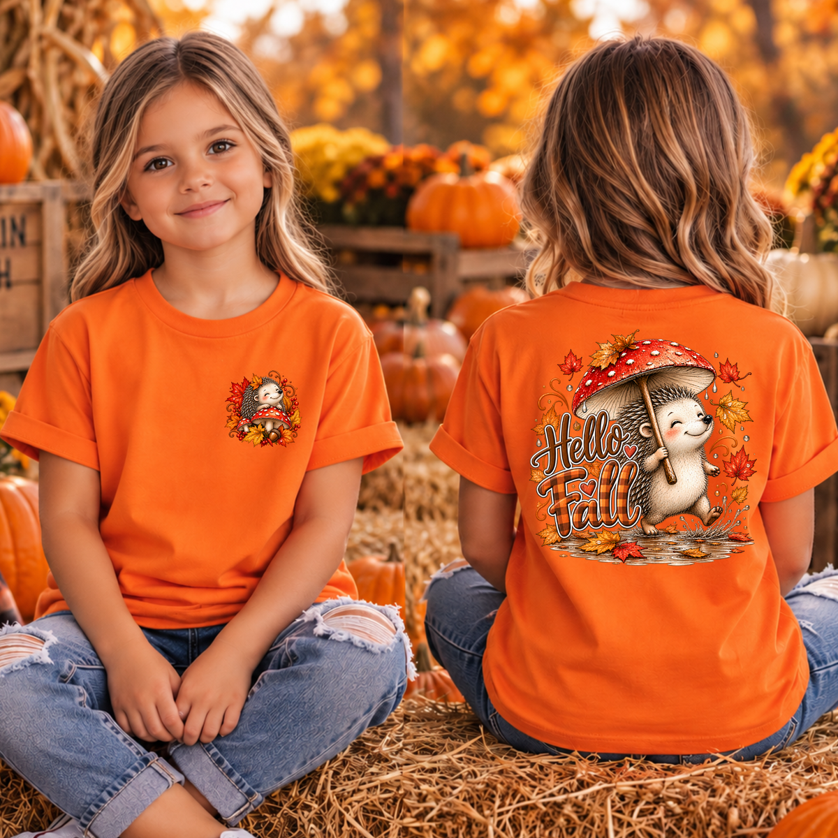 Kids Hello Fall Hedgehog Pocket and Back Graphics TheCraftNook