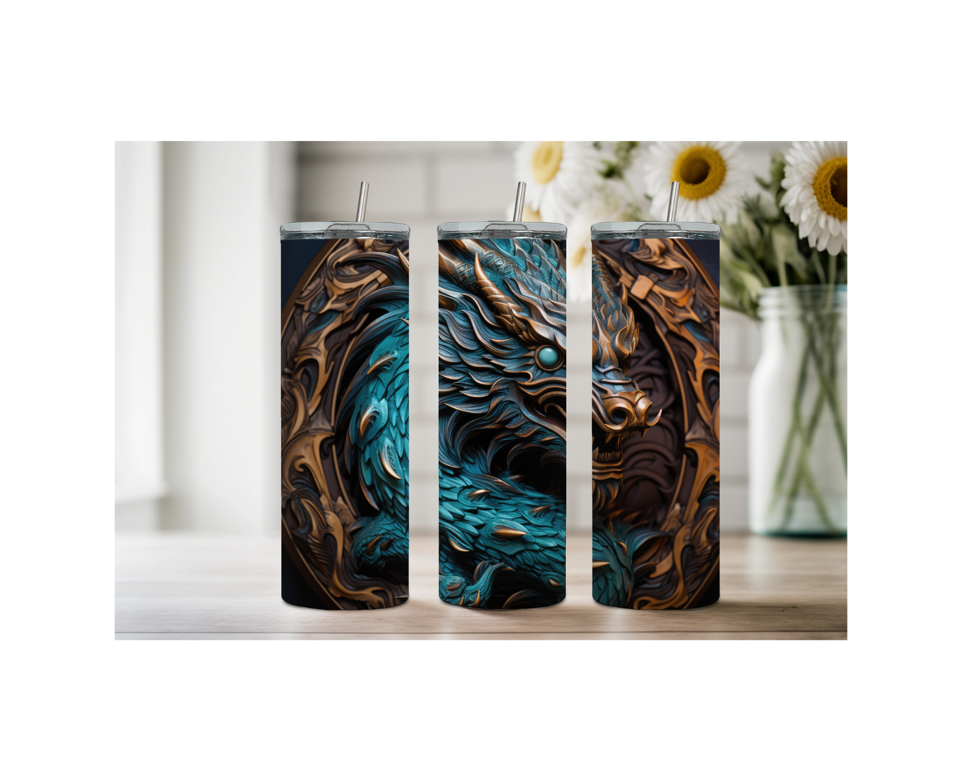 Dragon scales stainless tumbler set featuring intricate artwork in a stylish kitchen setting.