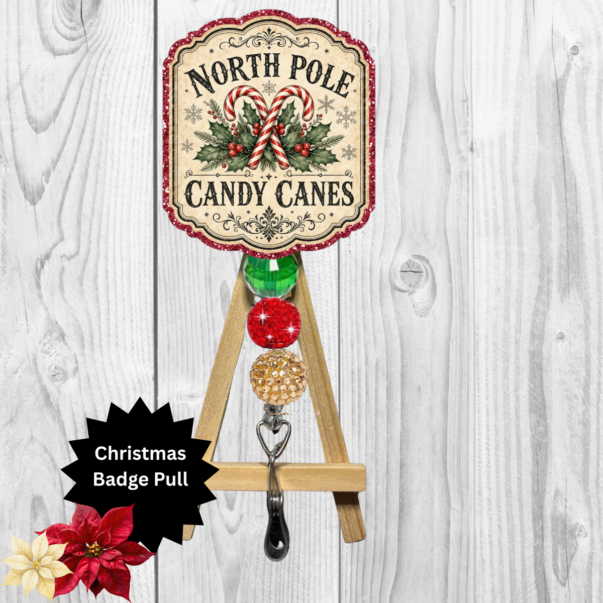 North Pole Candy Canes Glitter Badge Pull | Badge Reel TheCraftNook