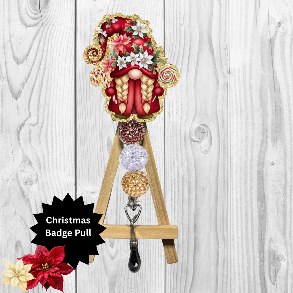 Cute Poinsettia Gnome Badge Pulls TheCraftNook