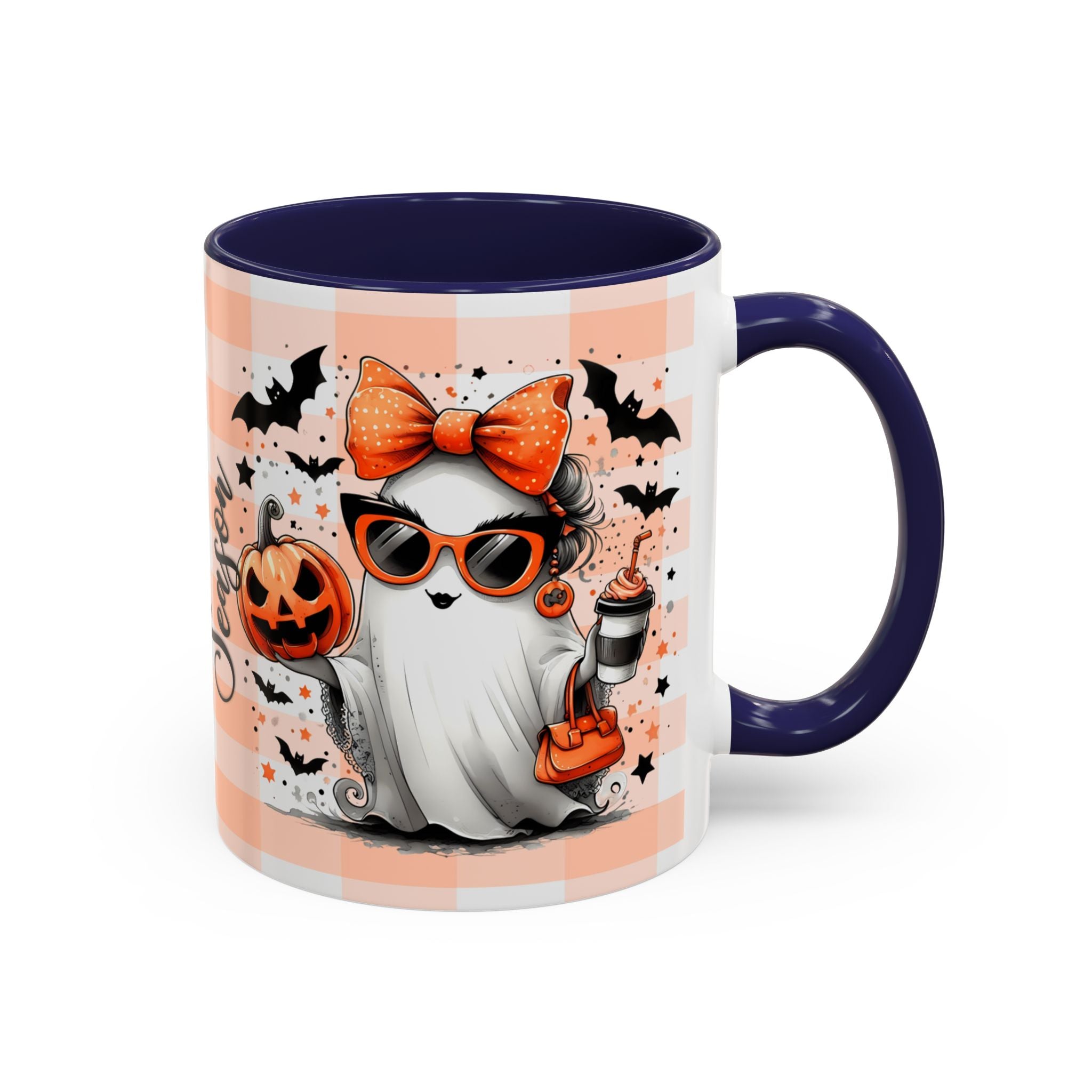 Spooky Season Accent Coffee Mug — Cute Halloween Ghost with Pumpkins (11/15oz)
