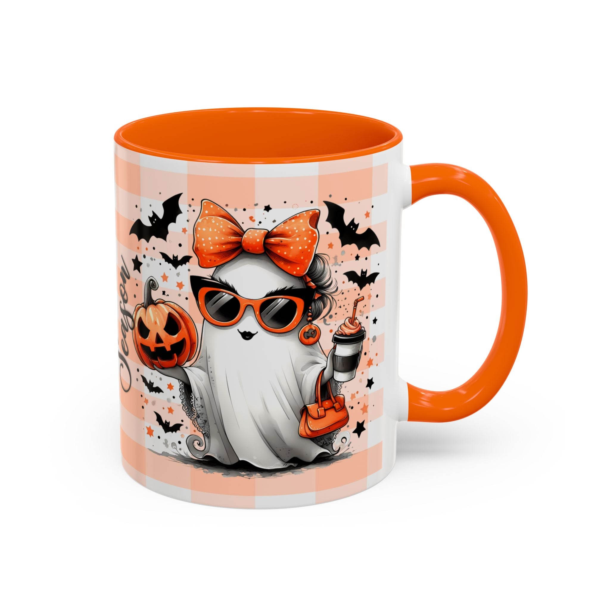 Spooky Season Accent Coffee Mug — Cute Halloween Ghost with Pumpkins (11/15oz)