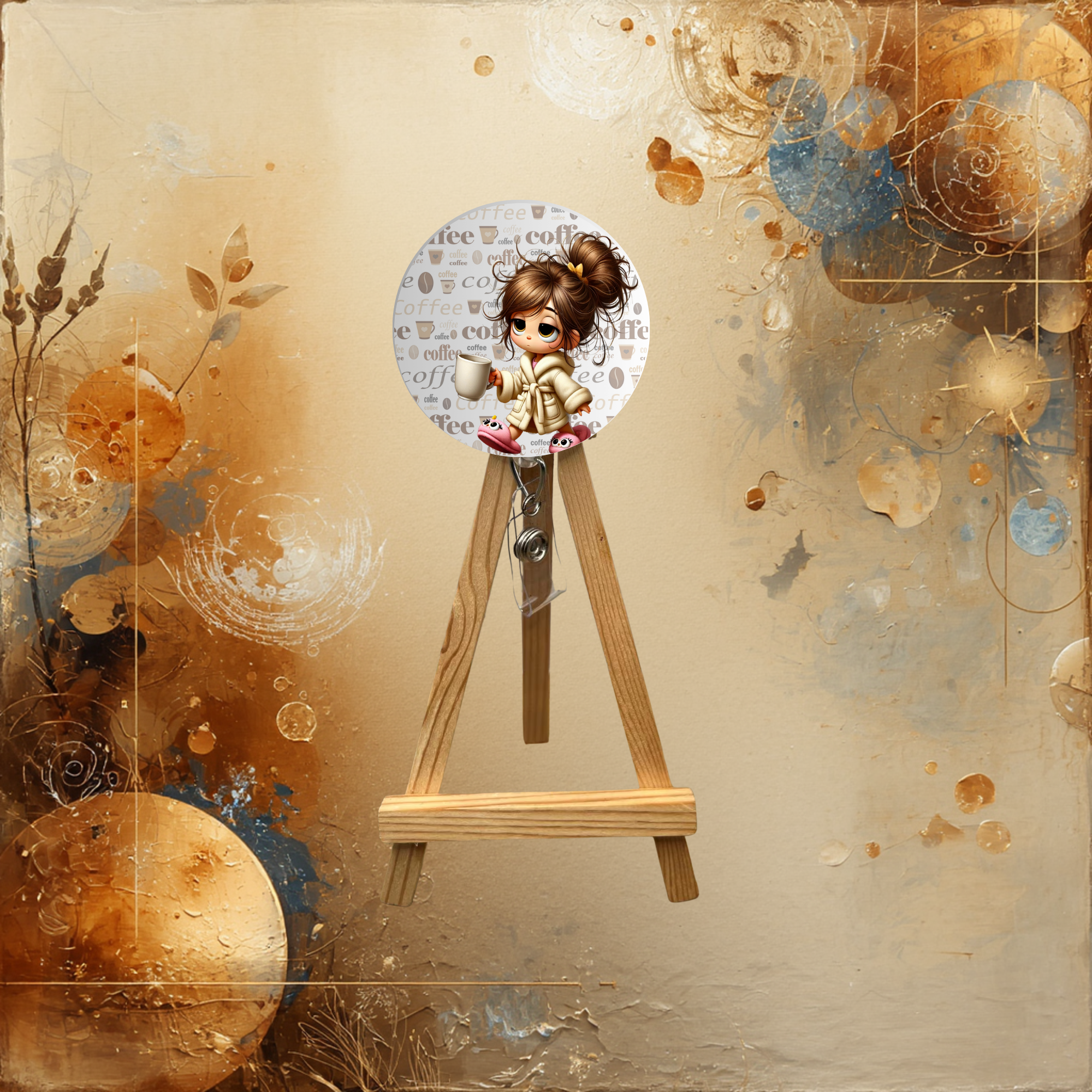 Coffee badge pull featuring a cute character holding a coffee cup, set against a warm abstract background.