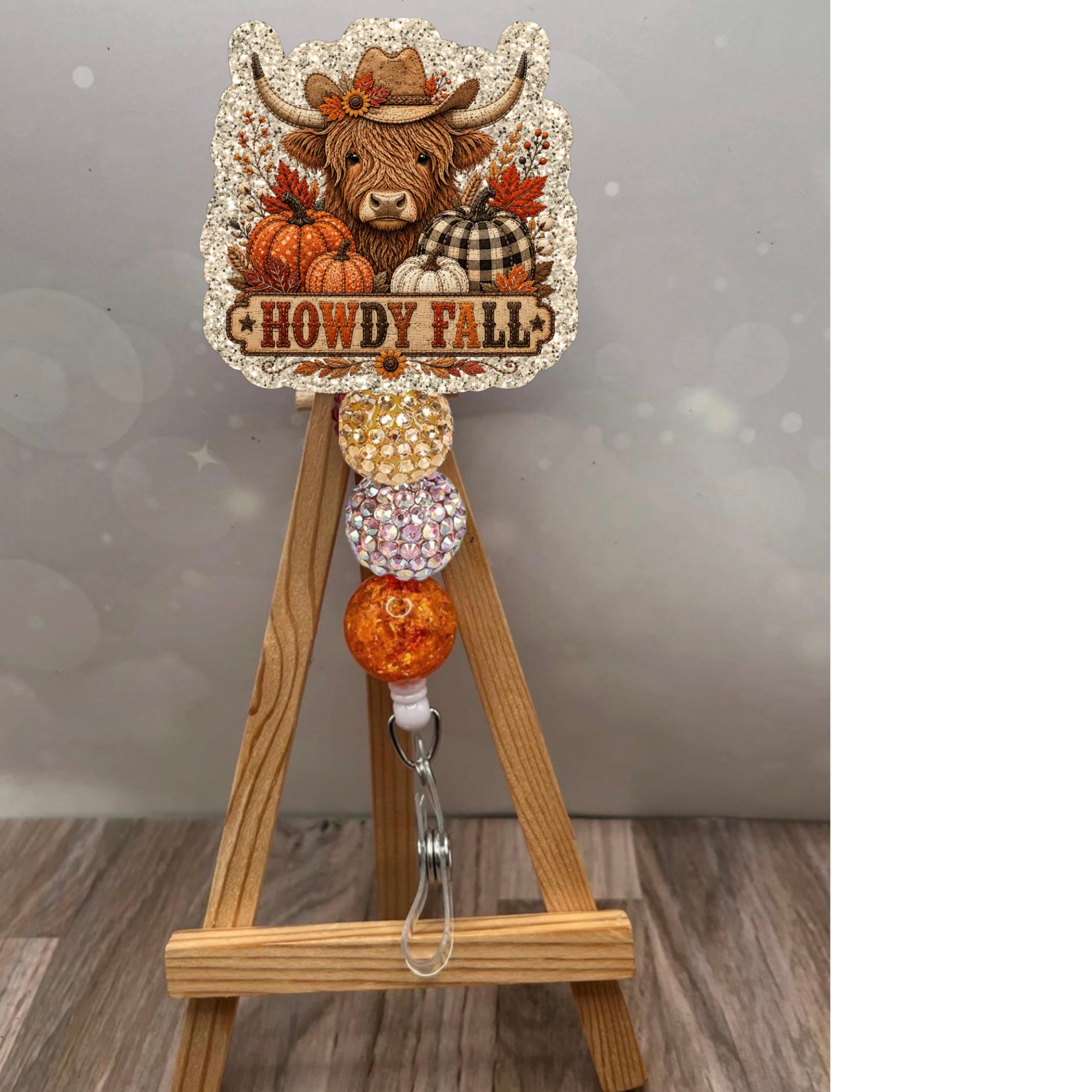 Howdy Fall Patchwork Badge Pull with rustic design and glitter background in Champagne color for fall charm