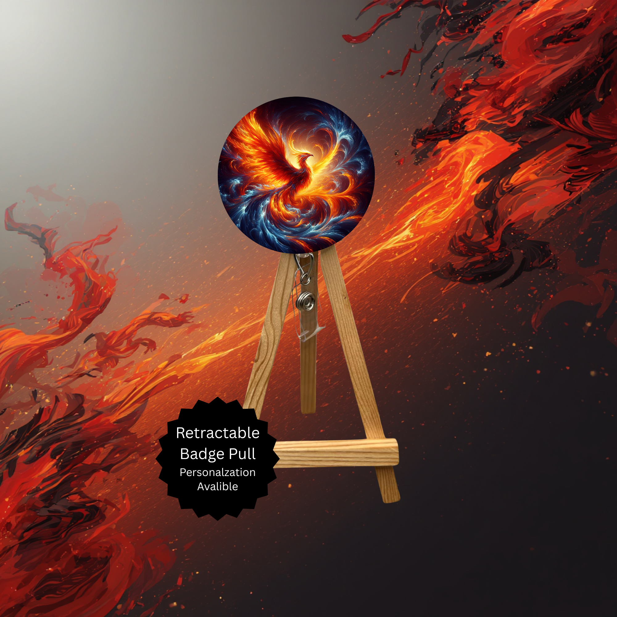 Phoenix badge pulls with beads and glitter, featuring a vibrant fire bird design on a retractable badge holder.