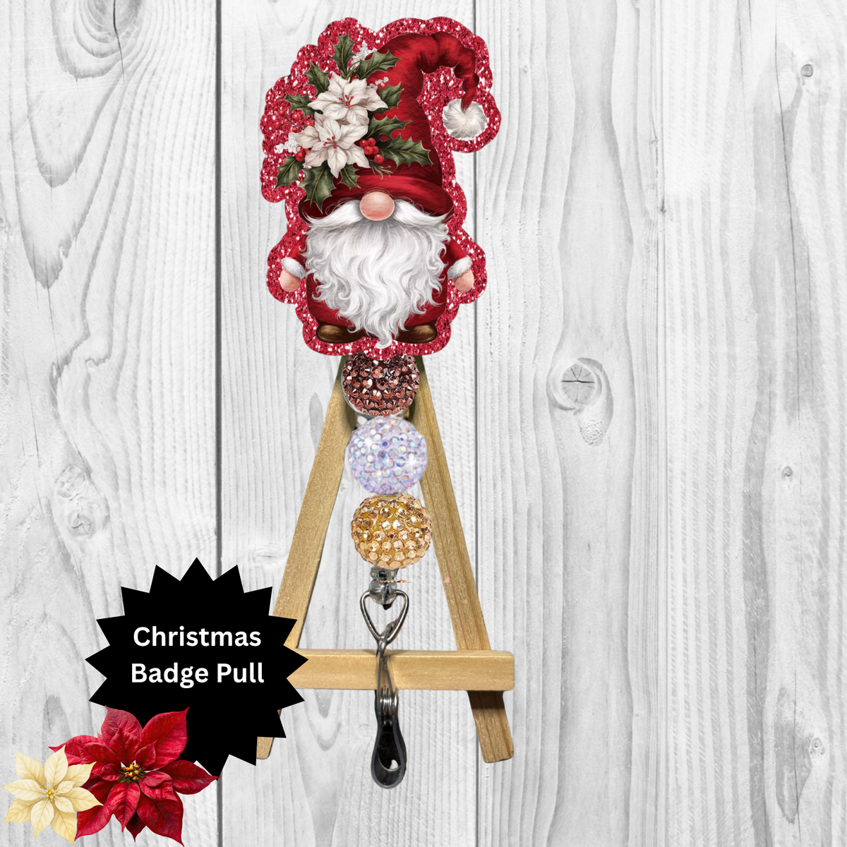 Cute Poinsettia Gnome Badge Pulls TheCraftNook
