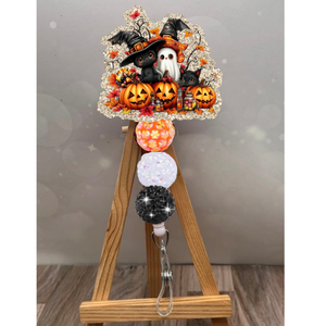 Pumpkin Patch Pals Badge Pull with glitter background, featuring pumpkins, cats, and a ghost, perfect for fall work vibes.