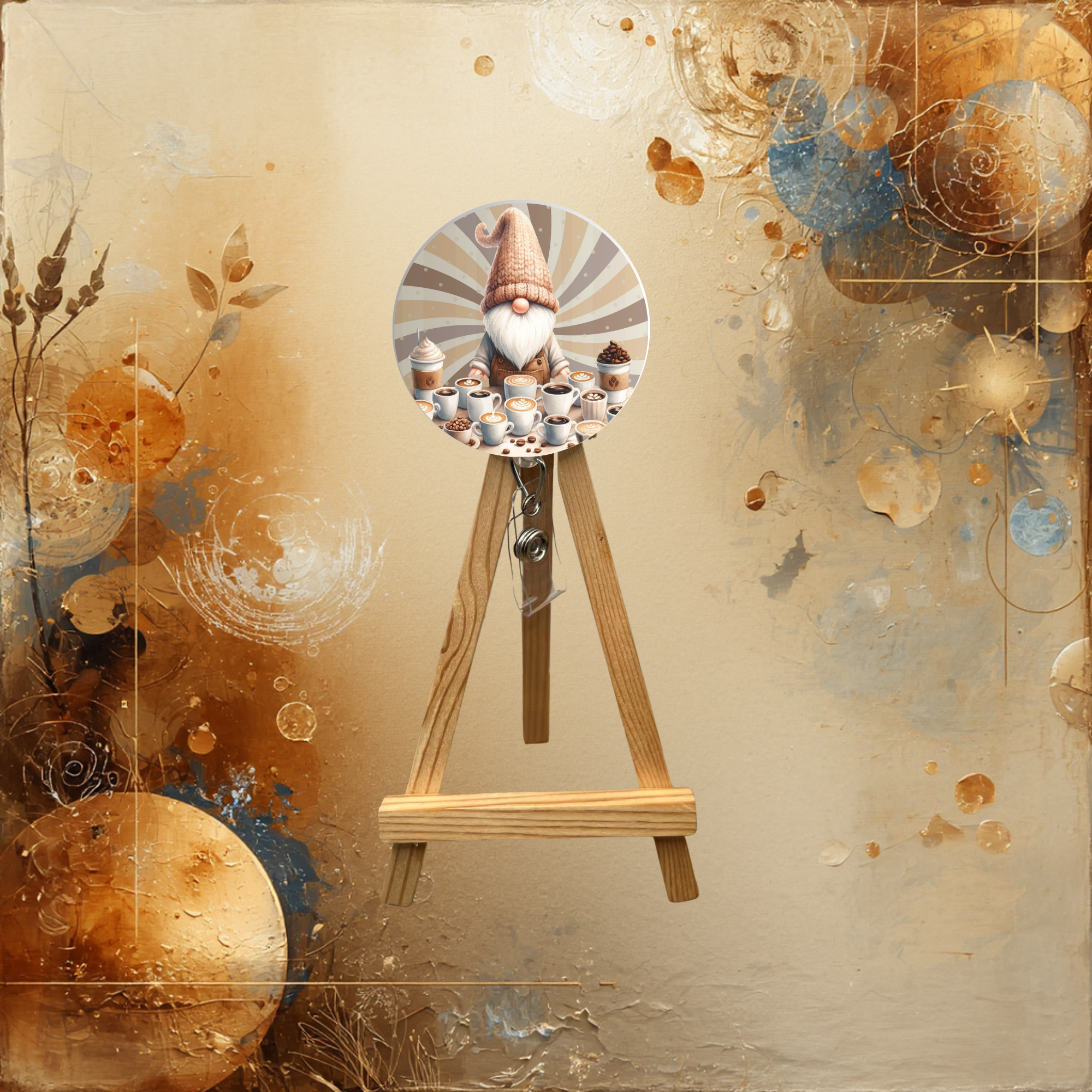 coffee badge pull featuring a gnome and coffee drinks design on a decorative background