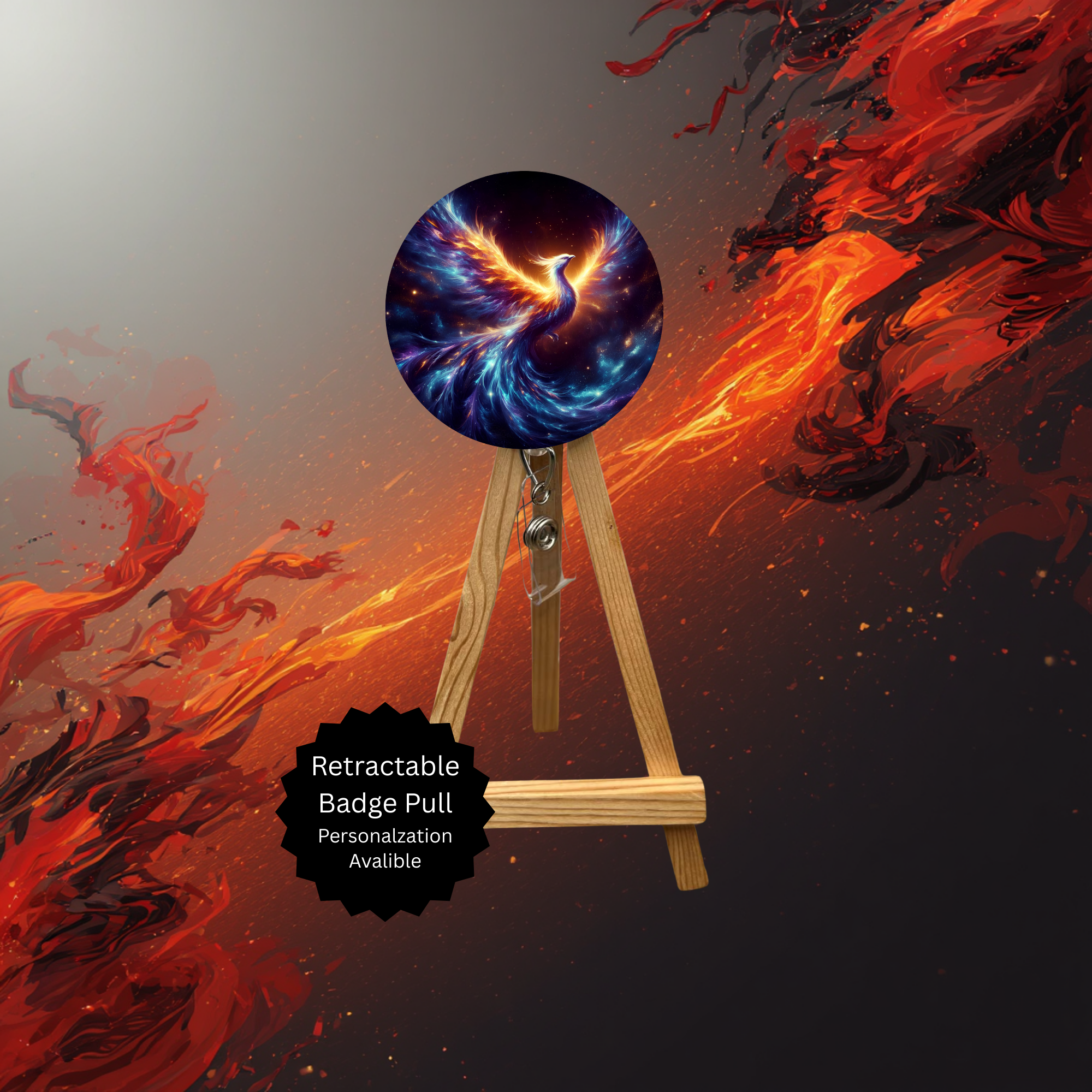 Phoenix badge pulls with beads and glitter displayed on a wooden easel with vibrant colors in the background.