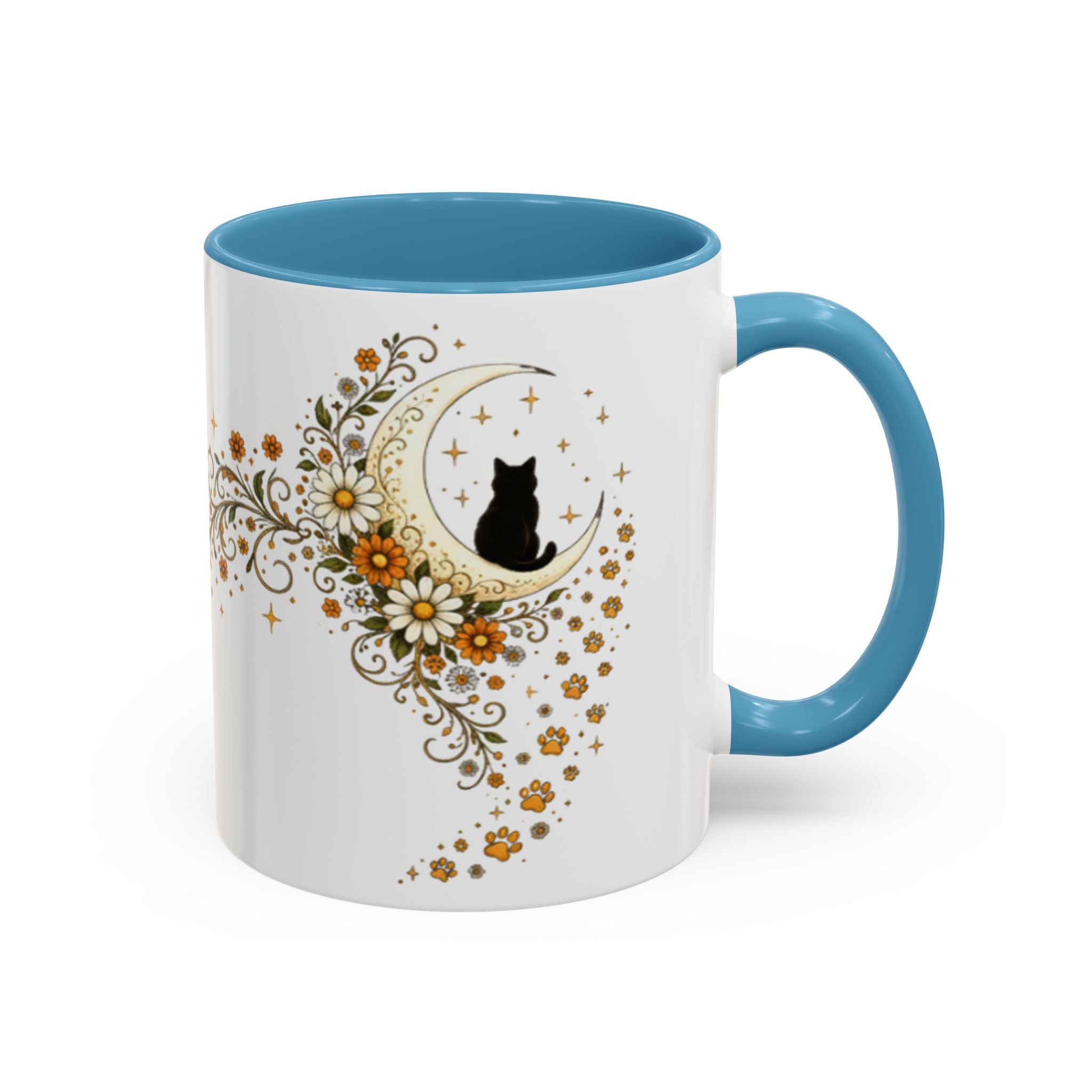 Purranormal Activity Accent Coffee Mug — Black Cat Crescent Moon Floral 11/15oz