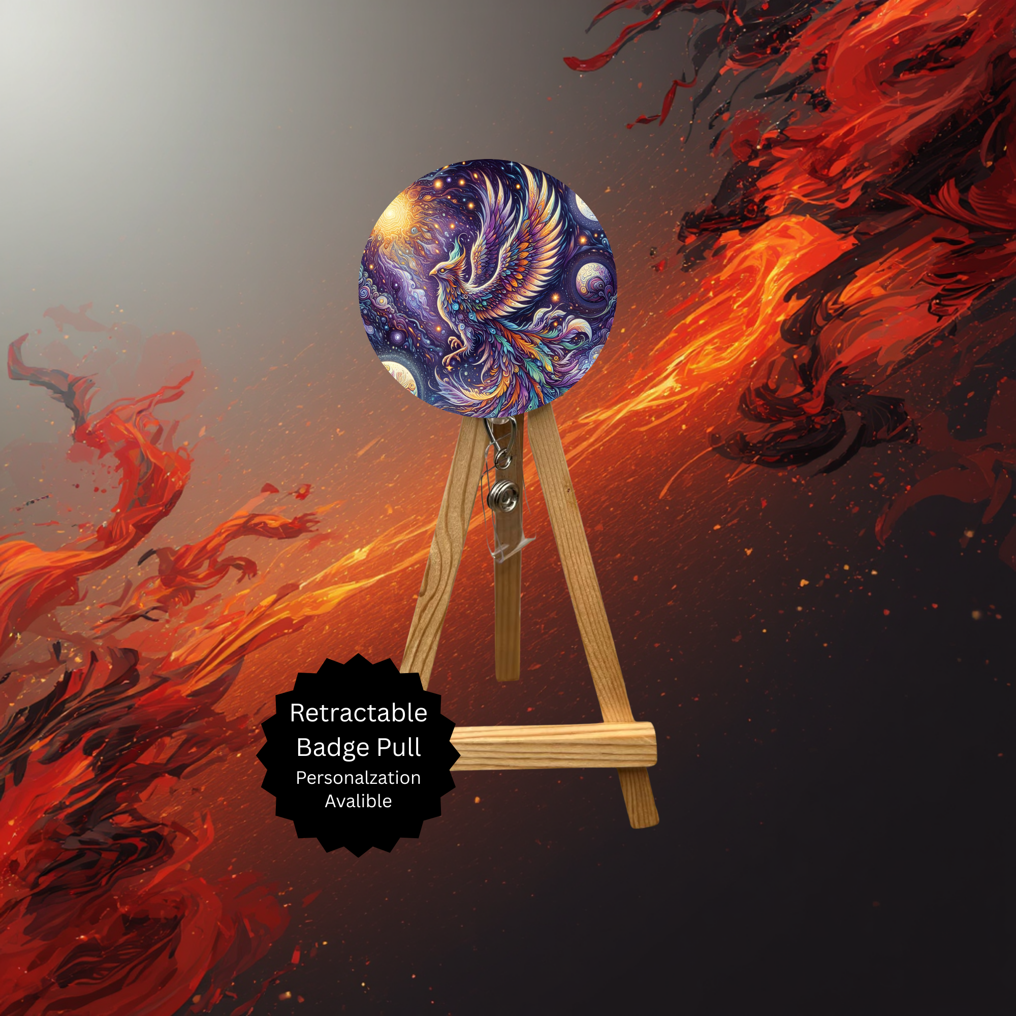 Phoenix badge pulls with beads and glitter featuring a vibrant fire bird design on a retractable badge holder