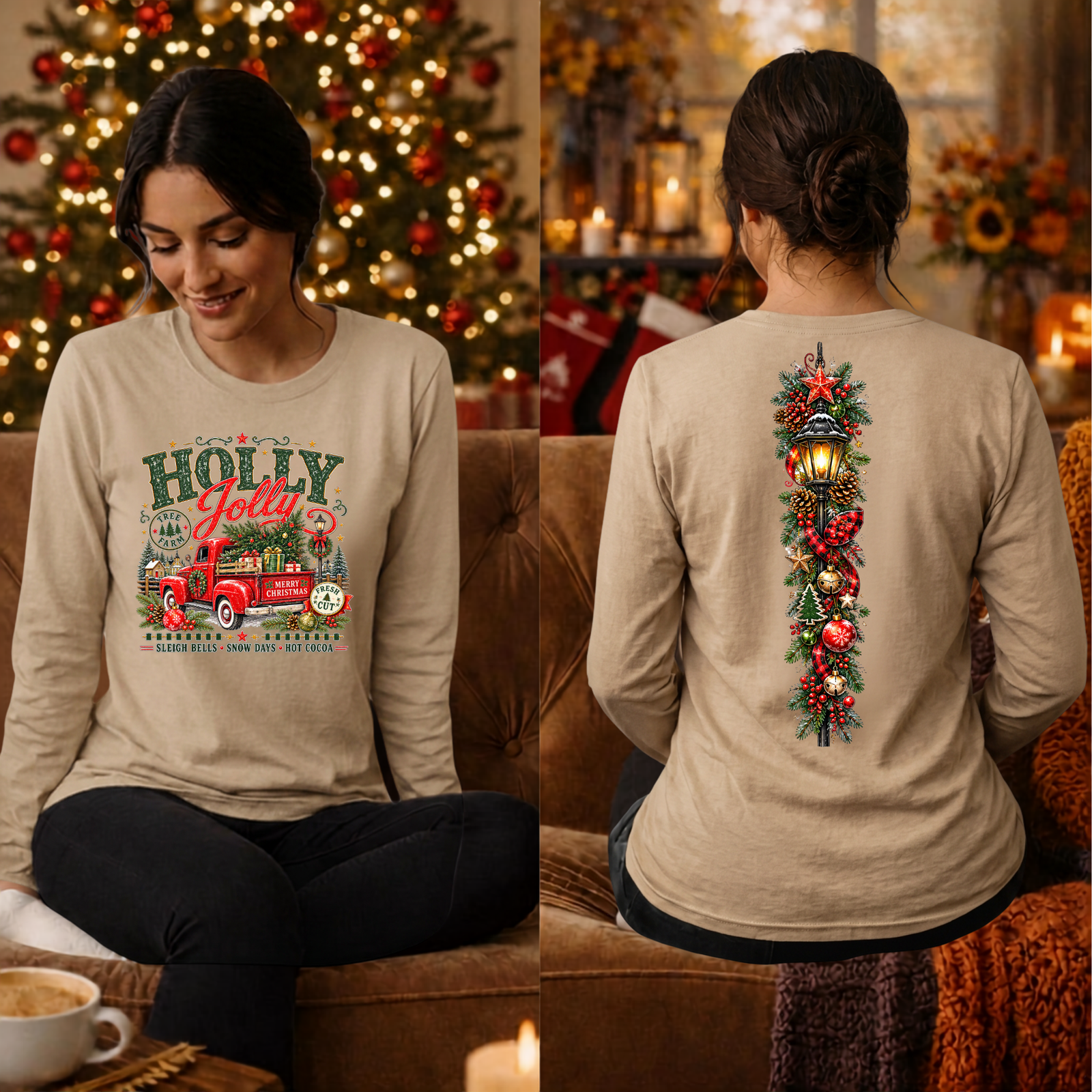 Holly Jolly Farm Long Sleeve Tee Front and Back graphics TheCraftNook