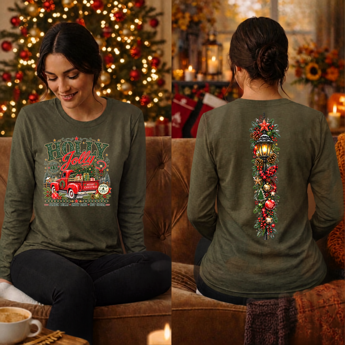 Holly Jolly Farm Long Sleeve Tee Front and Back graphics TheCraftNook