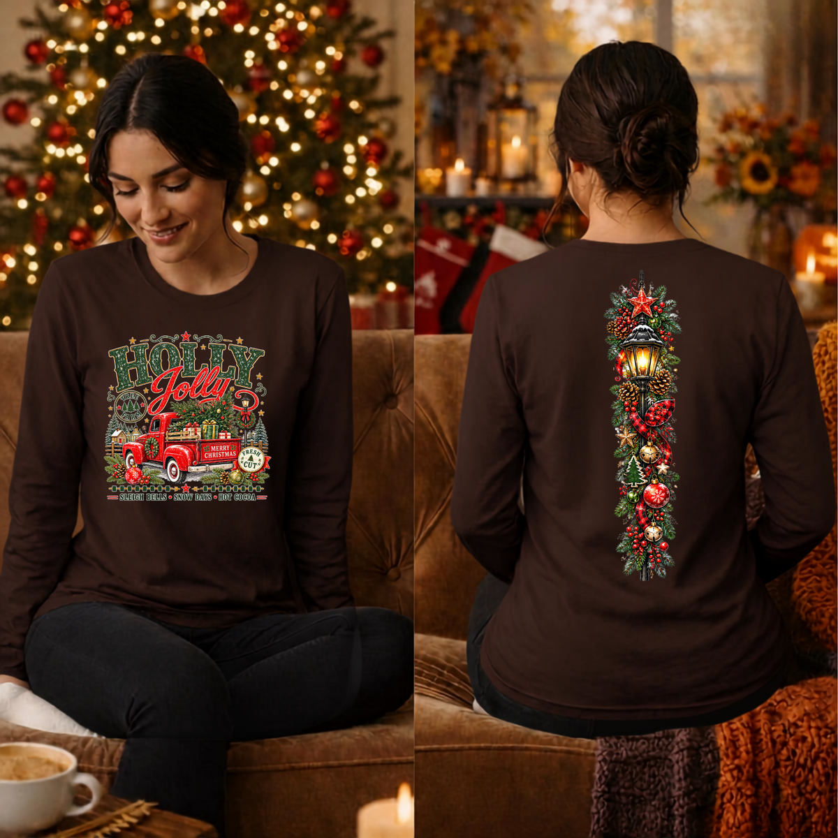 Holly Jolly Farm Long Sleeve Tee Front and Back graphics TheCraftNook